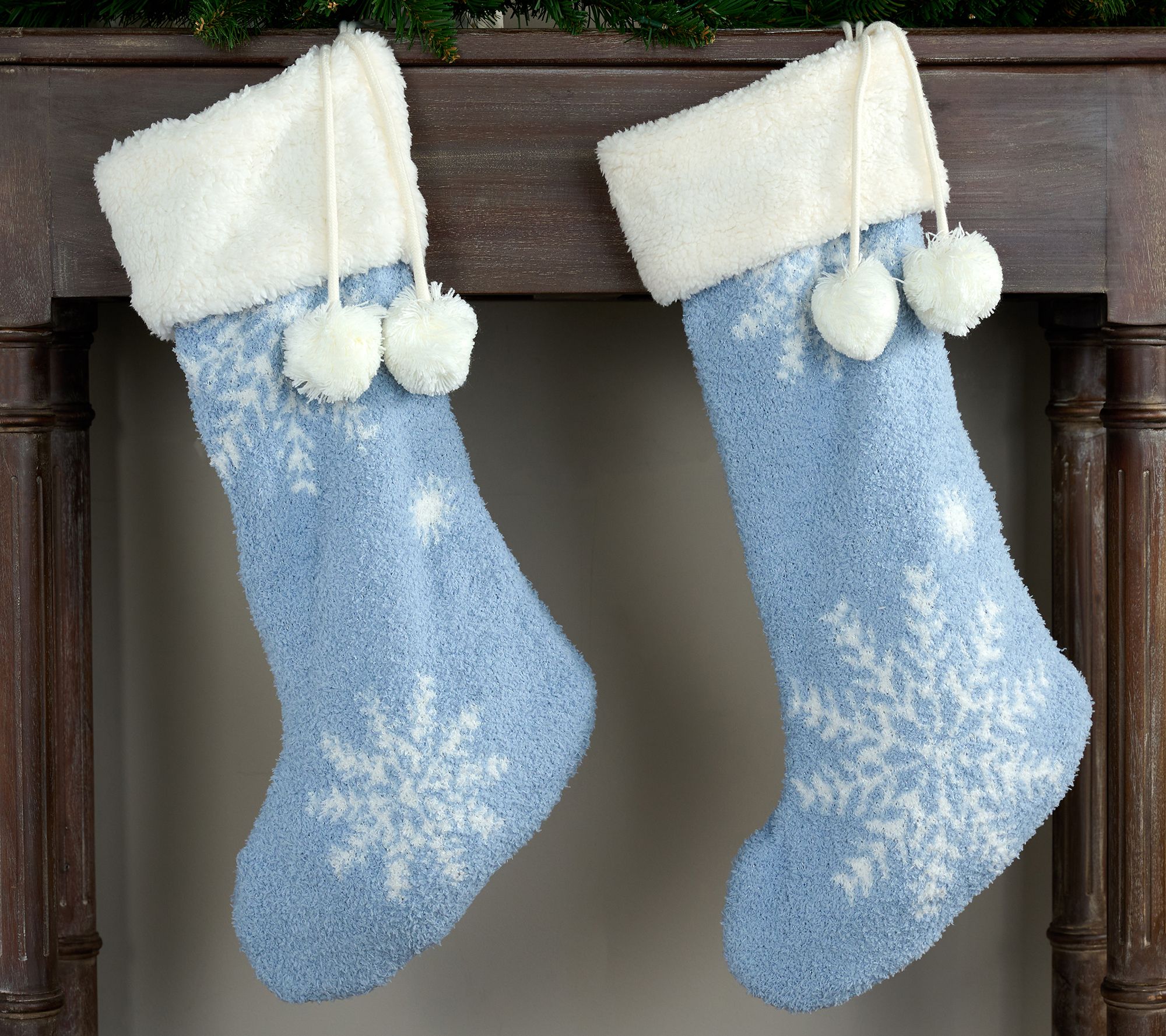S/2 Snowflake Feather Knit & Sherpa Stockings by Kim Gravel