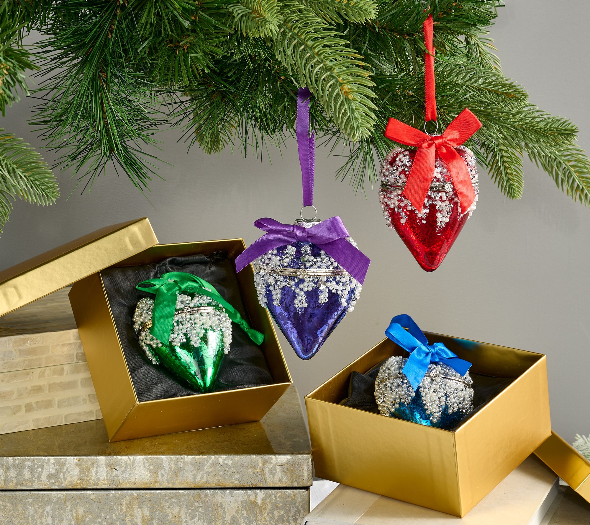 "As Is" Set of 4 Beaded Heart Ornament by Valerie