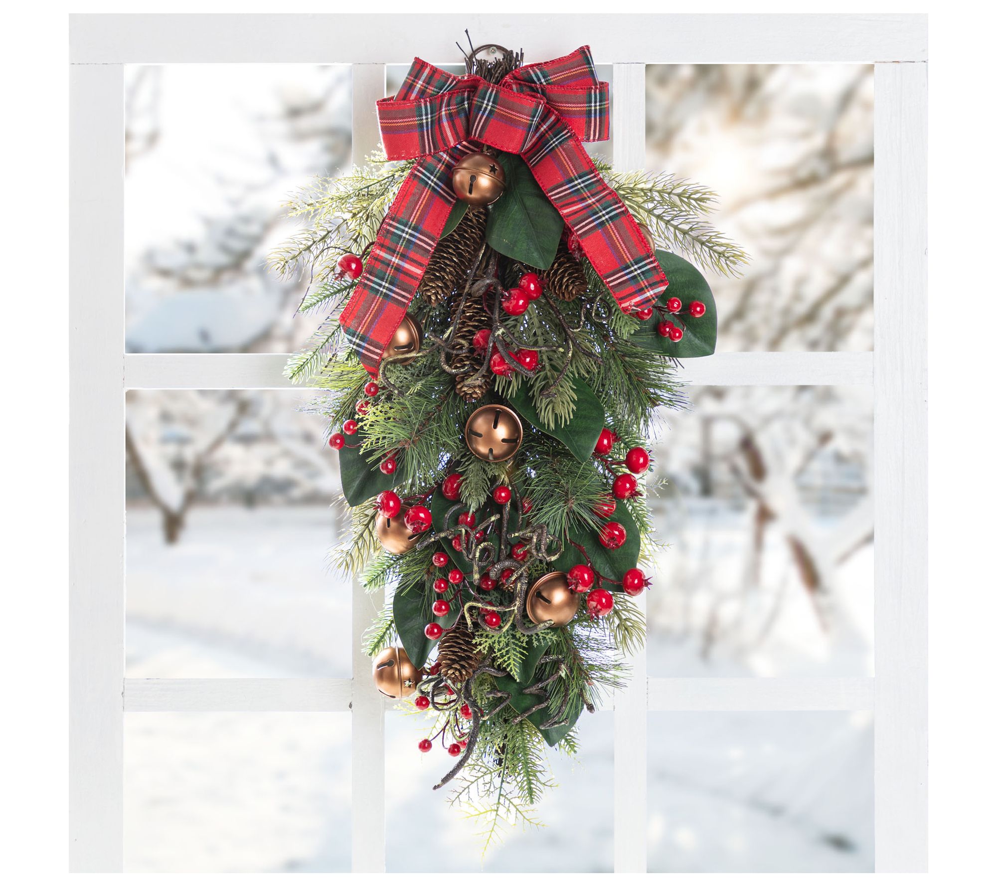 Glitzhome 28"H Christmas Bell, Pinecone & Ber ry Bow Teardrop