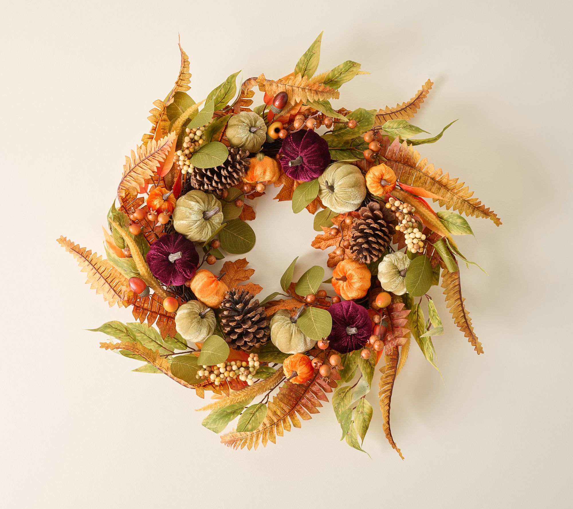 24" Velvet Pumpkin and Leaf Wreath by Valerie