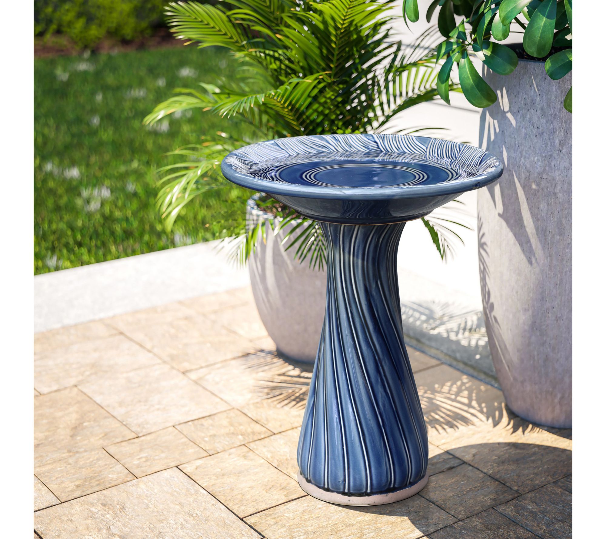 LuxenHome Blue Leaves and Swirl 22-Inch Tall Ceramic Birdbath - QVC.com