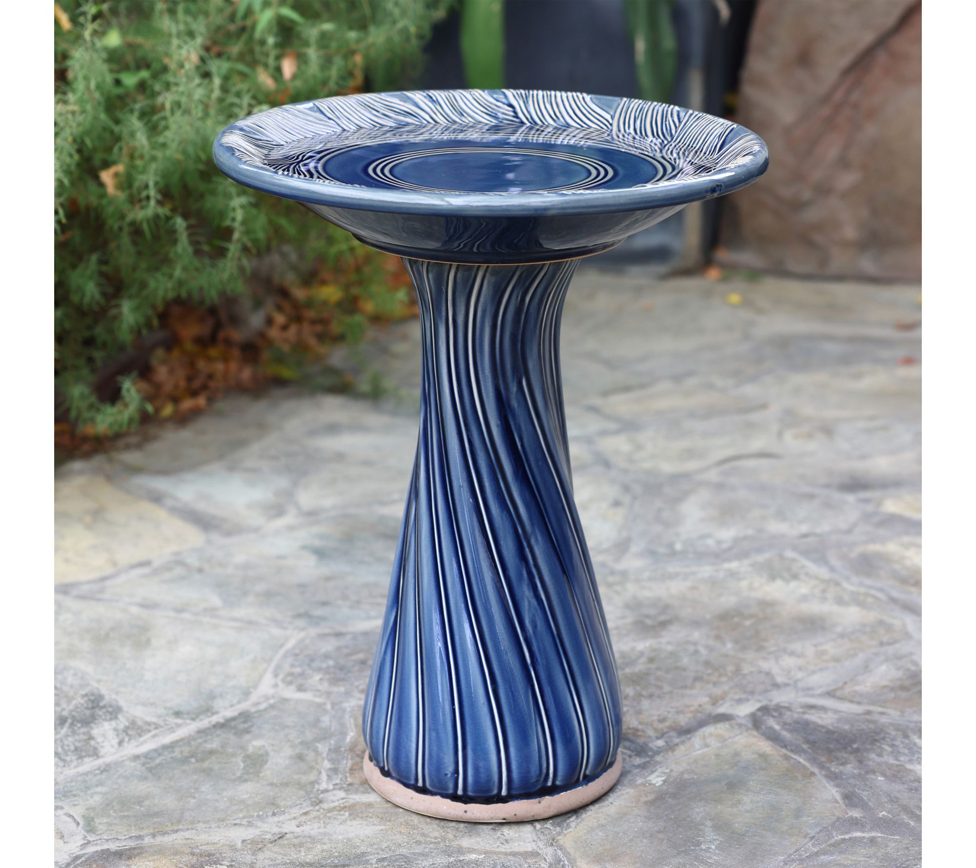 LuxenHome Blue Leaves and Swirl 22-Inch Tall Ceramic Birdbath