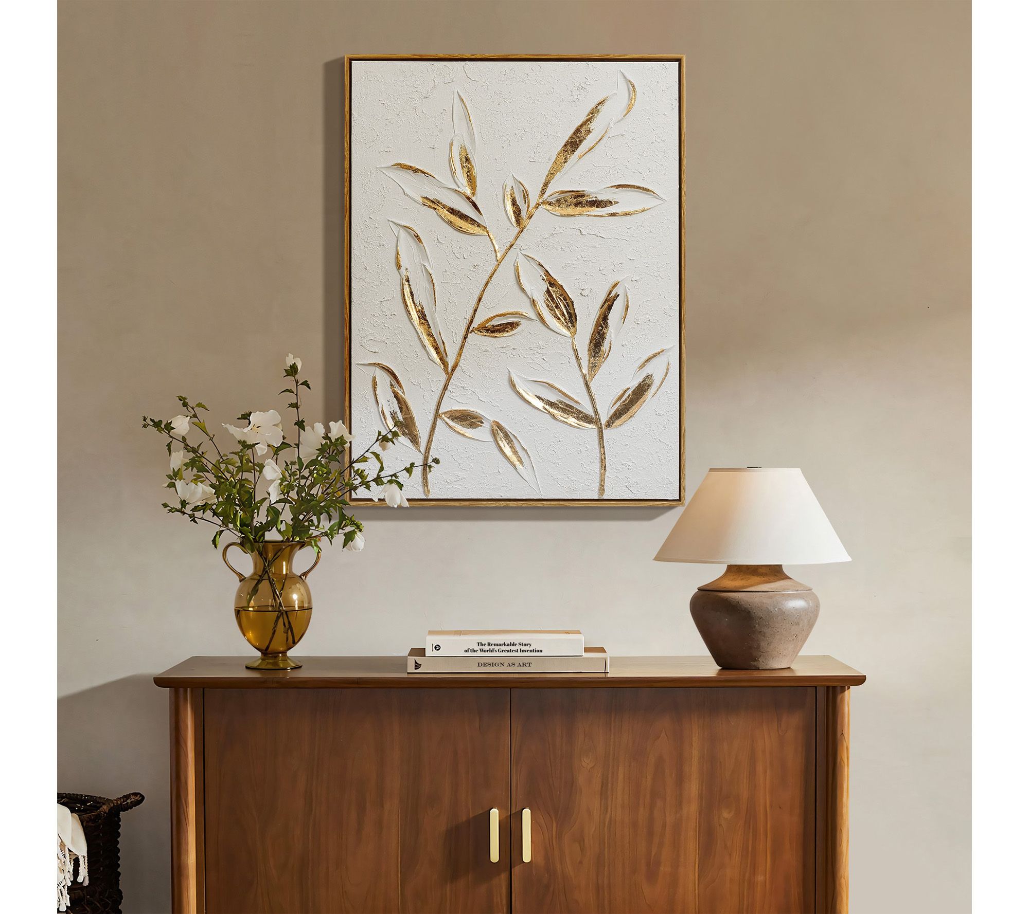 LuxenHome White with Gold Flower Canvas FramedWall Decor