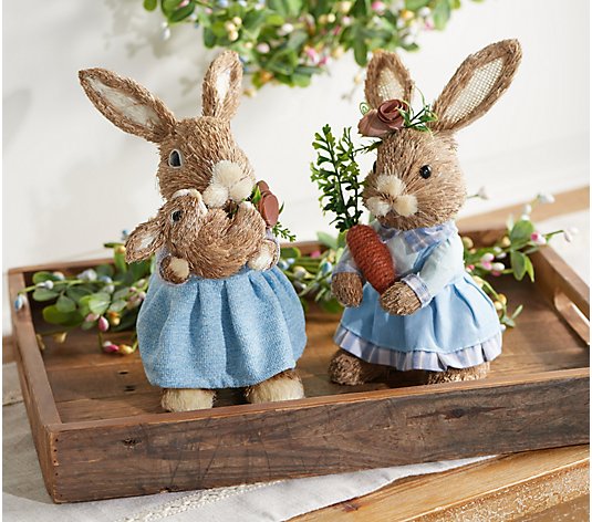 Set of (2) 11" Sisal Bunnies Holding a Carrot & Baby by Valerie