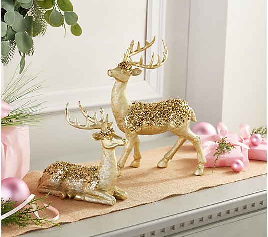 RAZ Imports Silver Gold Glitter Small Sitting Reindeer Figurine 6"x5" 