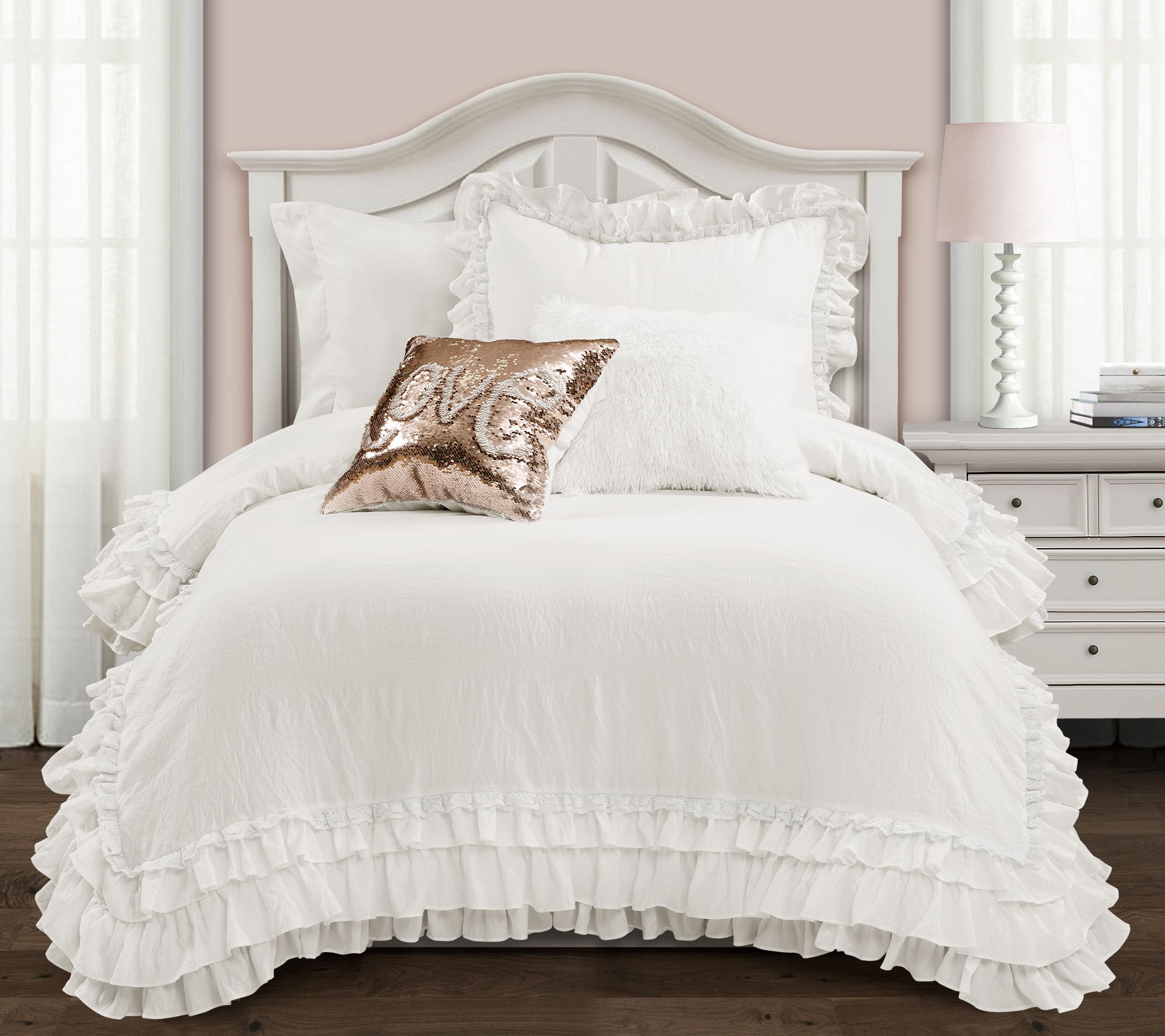 Ella Shabby Chic Ruffle Lace 2-Piece Twin-XL Comforter Set - QVC.com