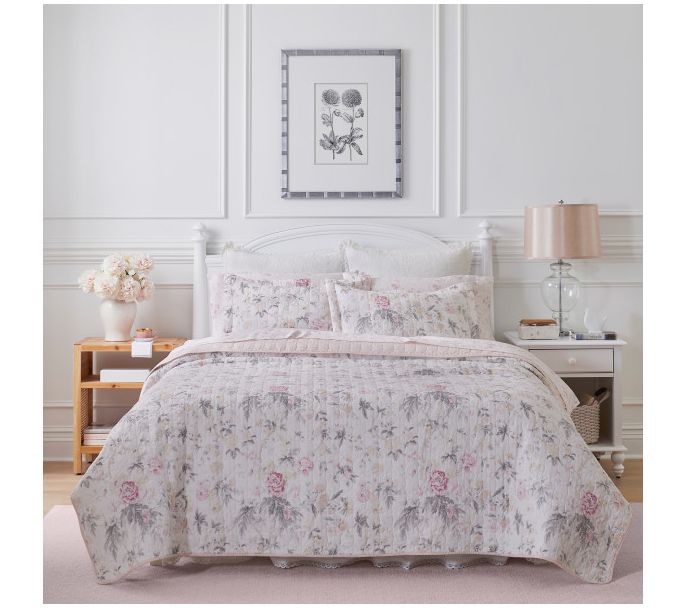 Laura Ashley Breezy Floral Grey Full Queen Quil t-Sham Set