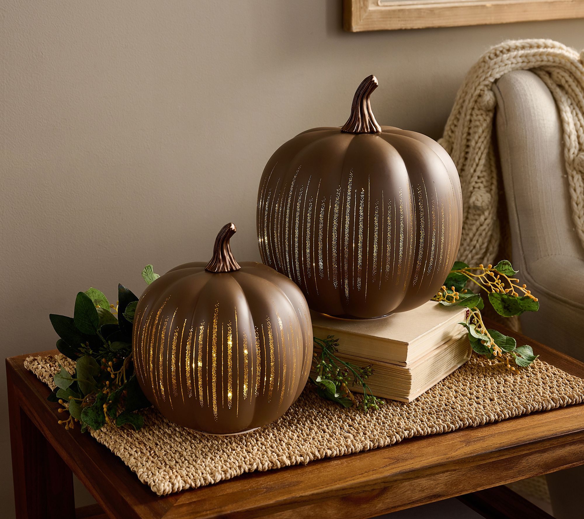 "As Is" Set 2 Lit Illuminated Starry Night Glass Pumpkins by Valerie
