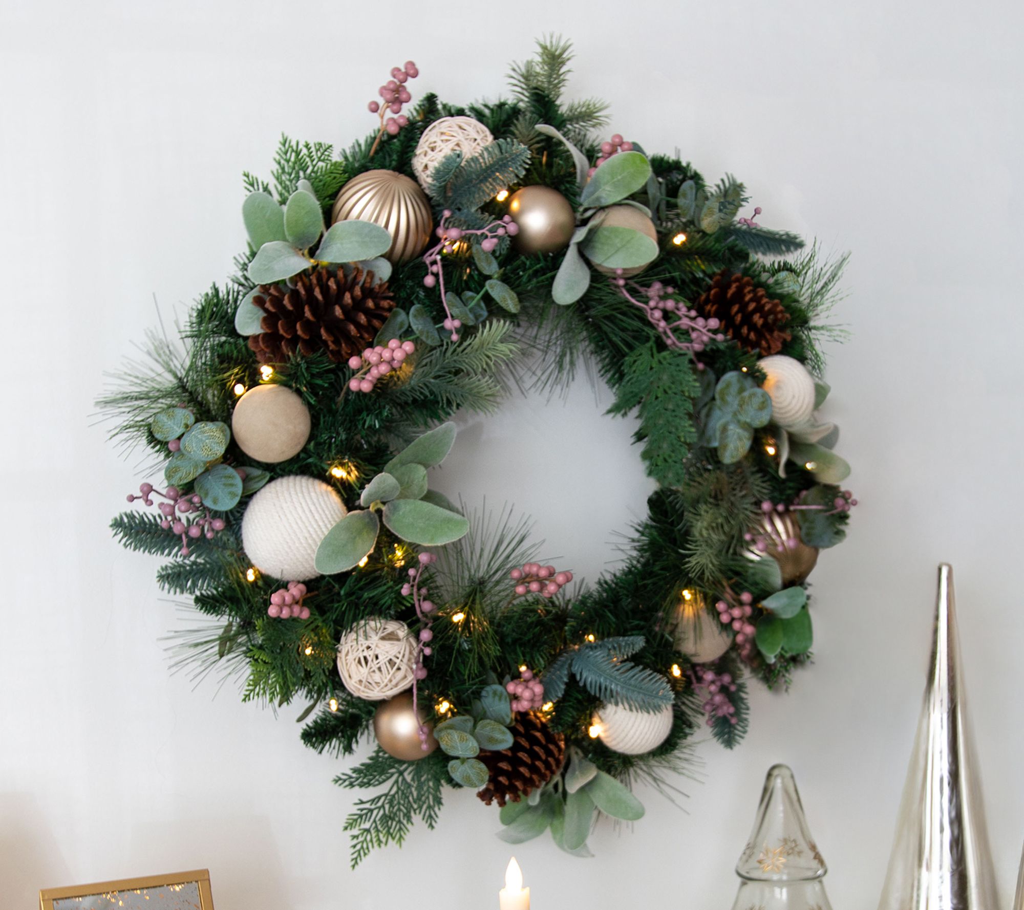 Greenery Wreath with Ornaments & LED Lights by Lauren McBride