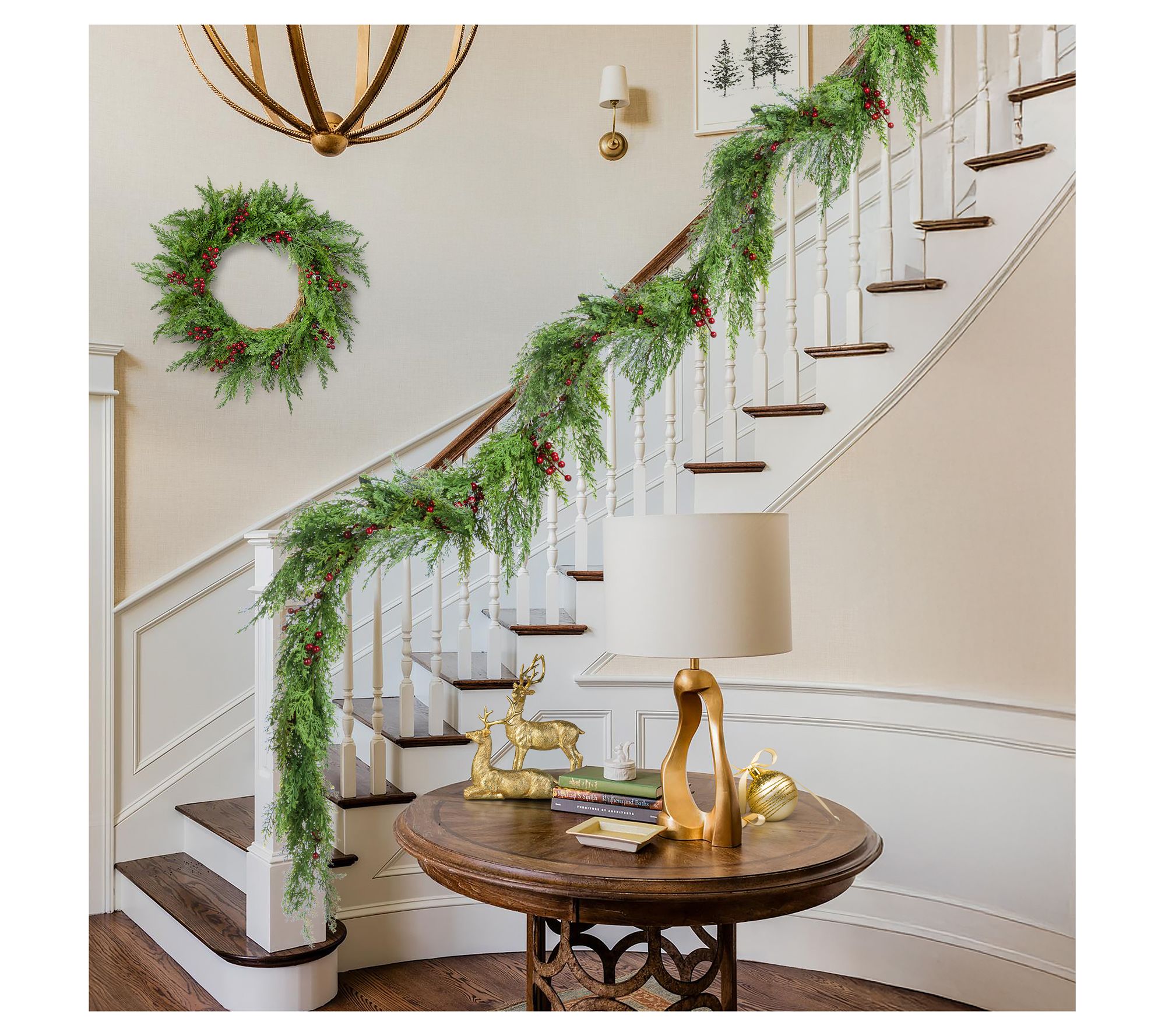 Glitzhome 9' Christmas Greenery Cedar Garland w ith Red Berries