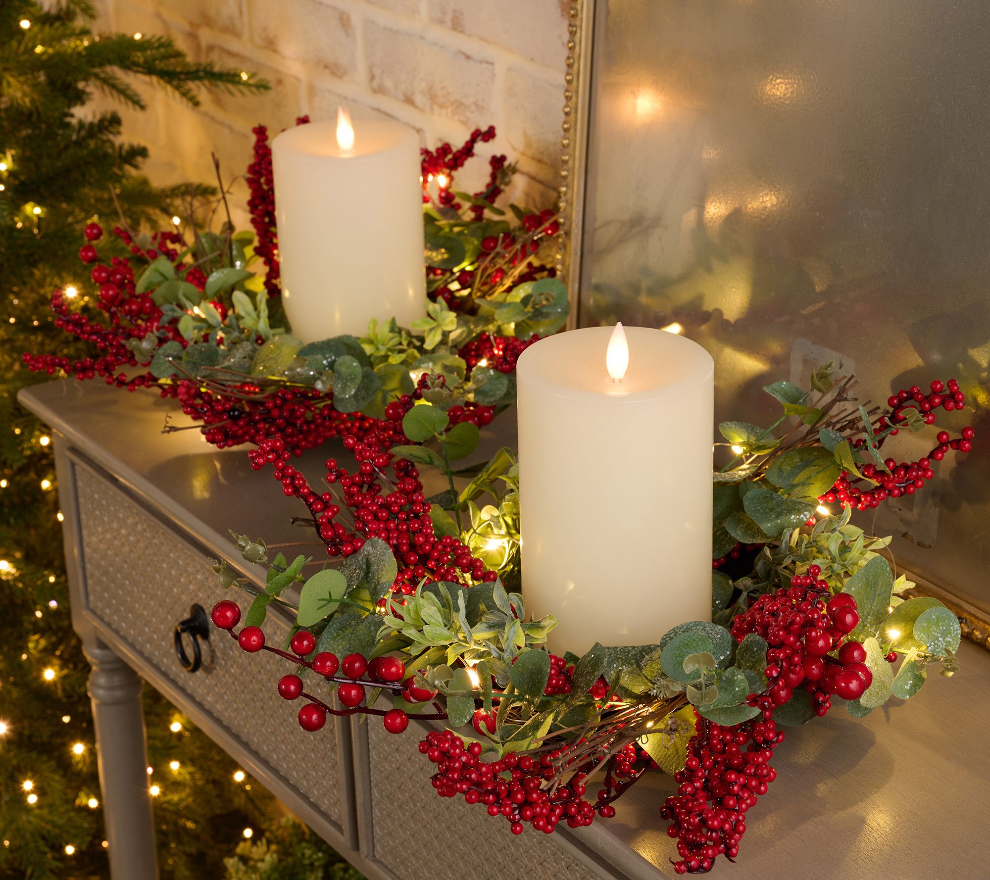 "As Is" S/2 Illuminated Berry and Eucalyptus Candle Rings