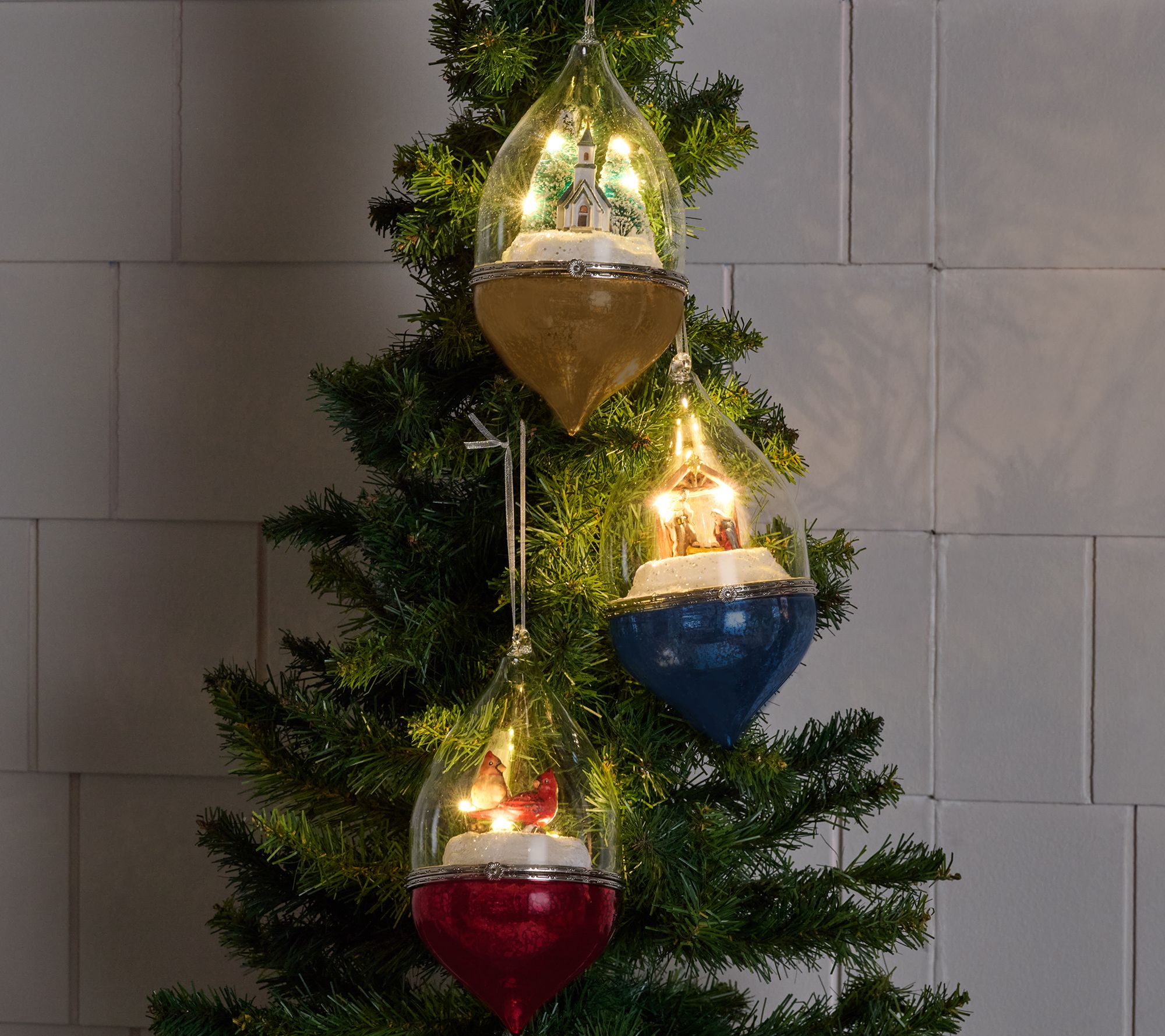 "As Is" Set of 3 Illuminated Scenes Under Glass Ornaments