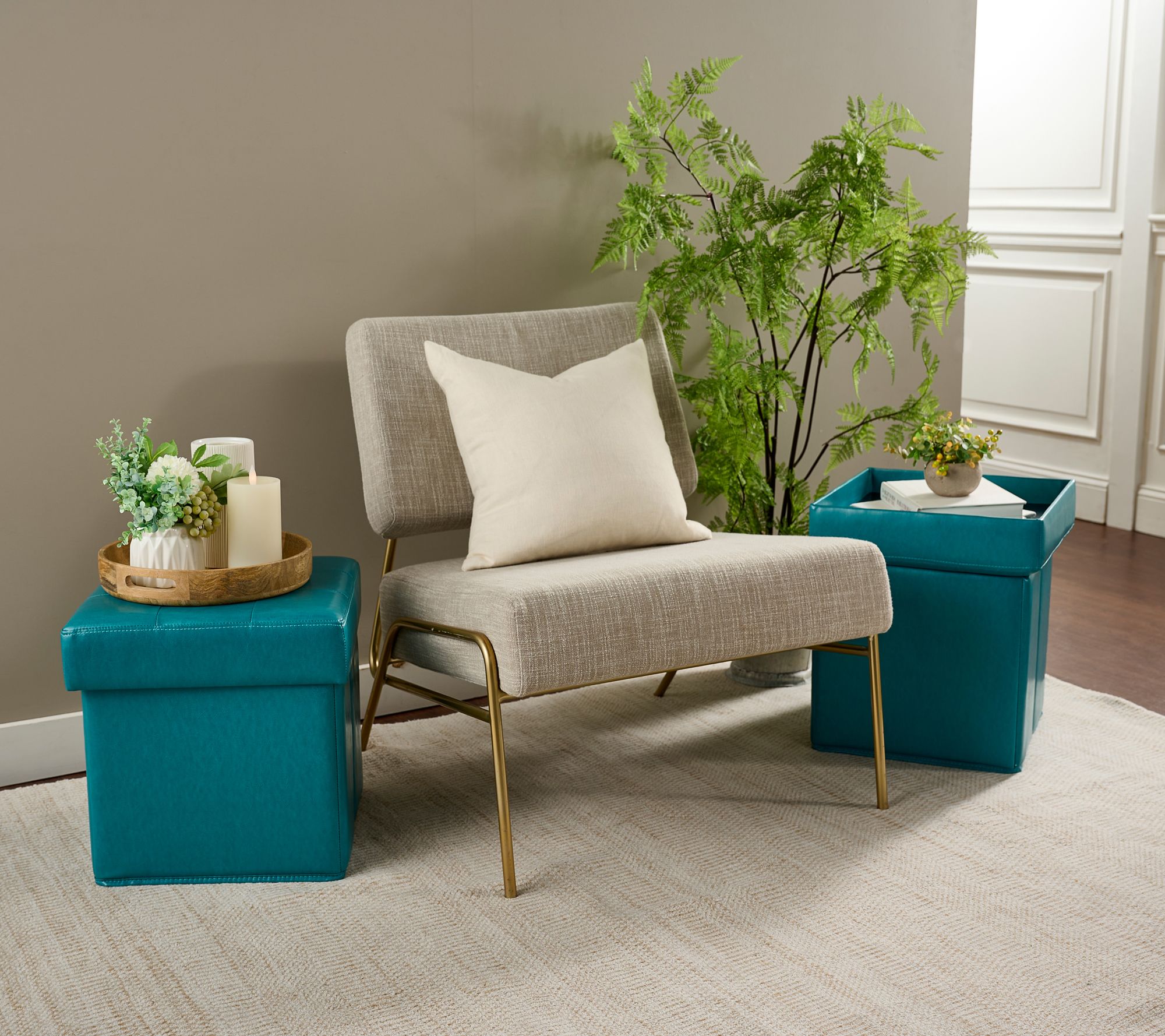Set of 2 Faux Leather Fold-up Storage Ottomans w/Tray by Valerie