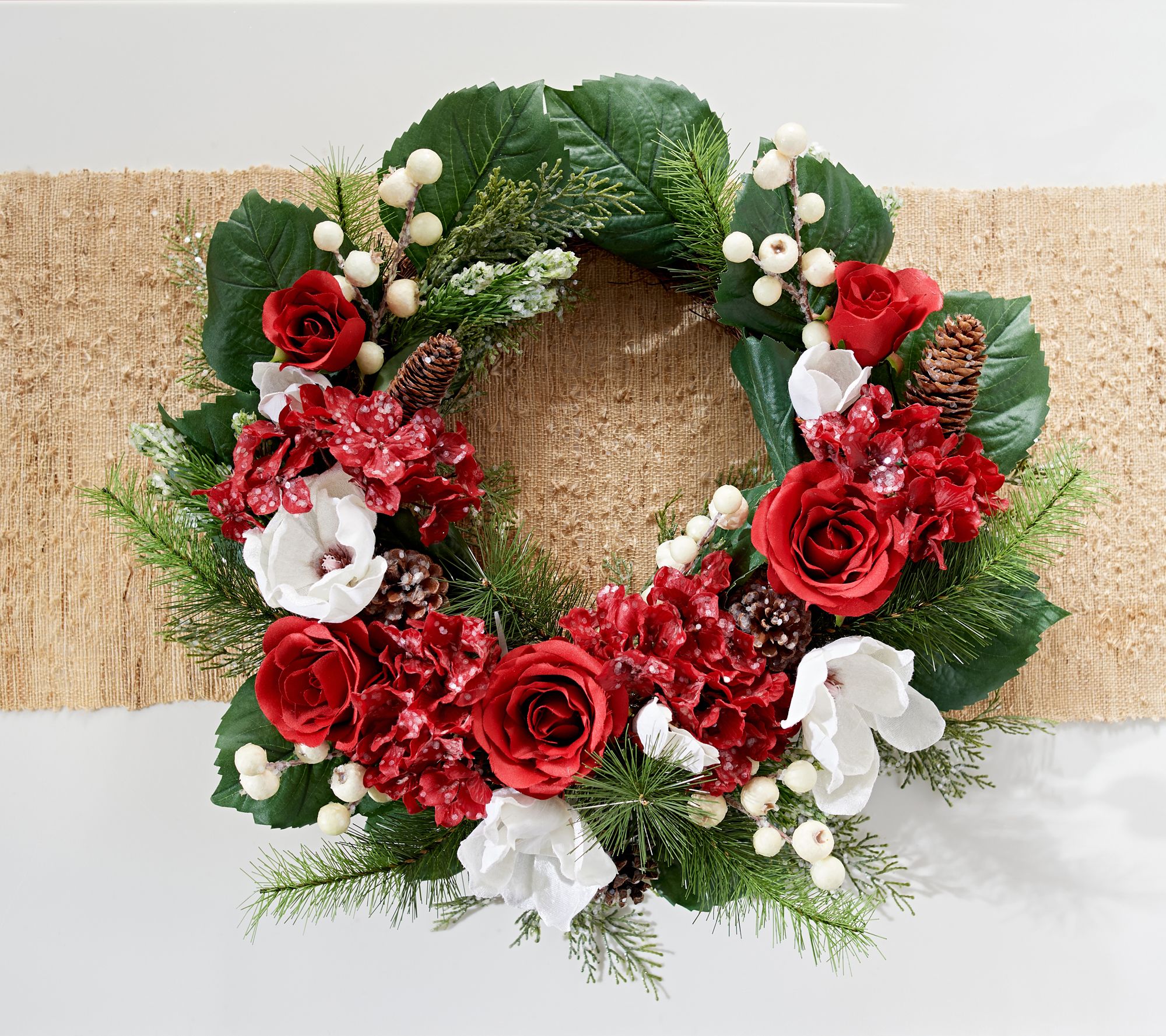 22" Hydrangea, Rose and Magnolia Crescent Wreath by Valerie