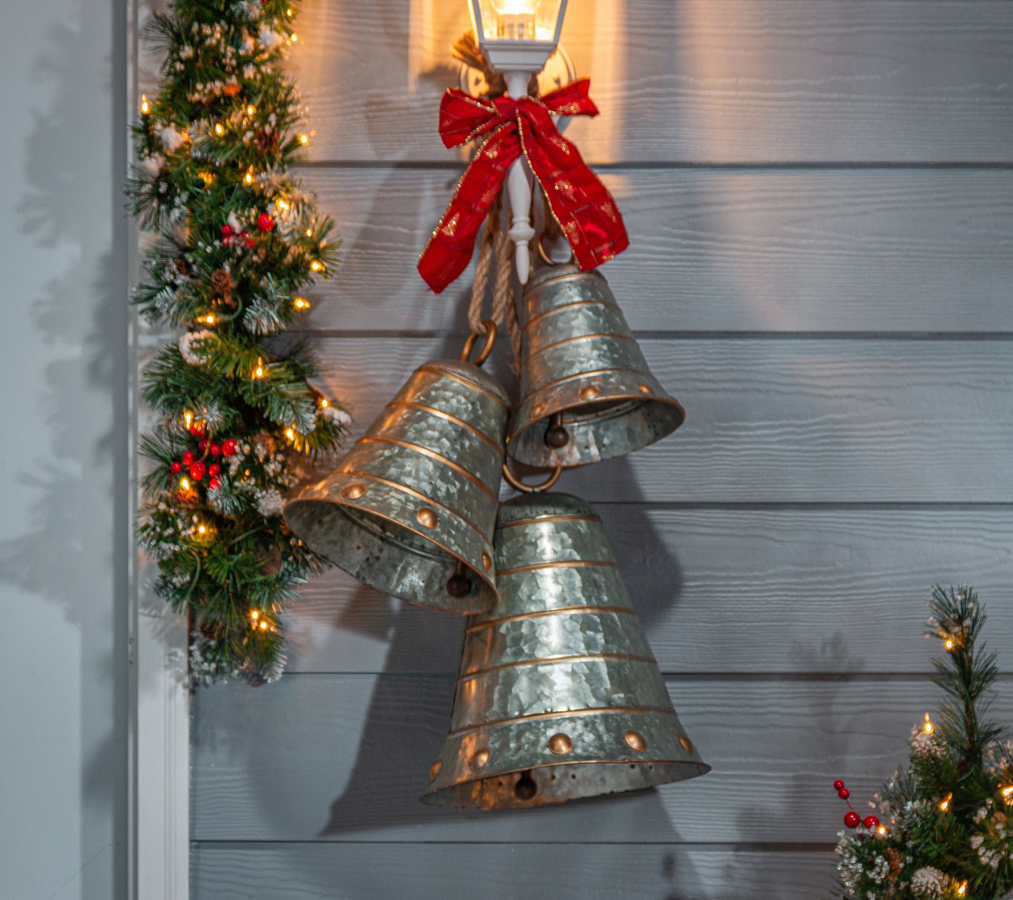 Set of 7 Large Galvanized Jingle Bells with Ribbon and Rope