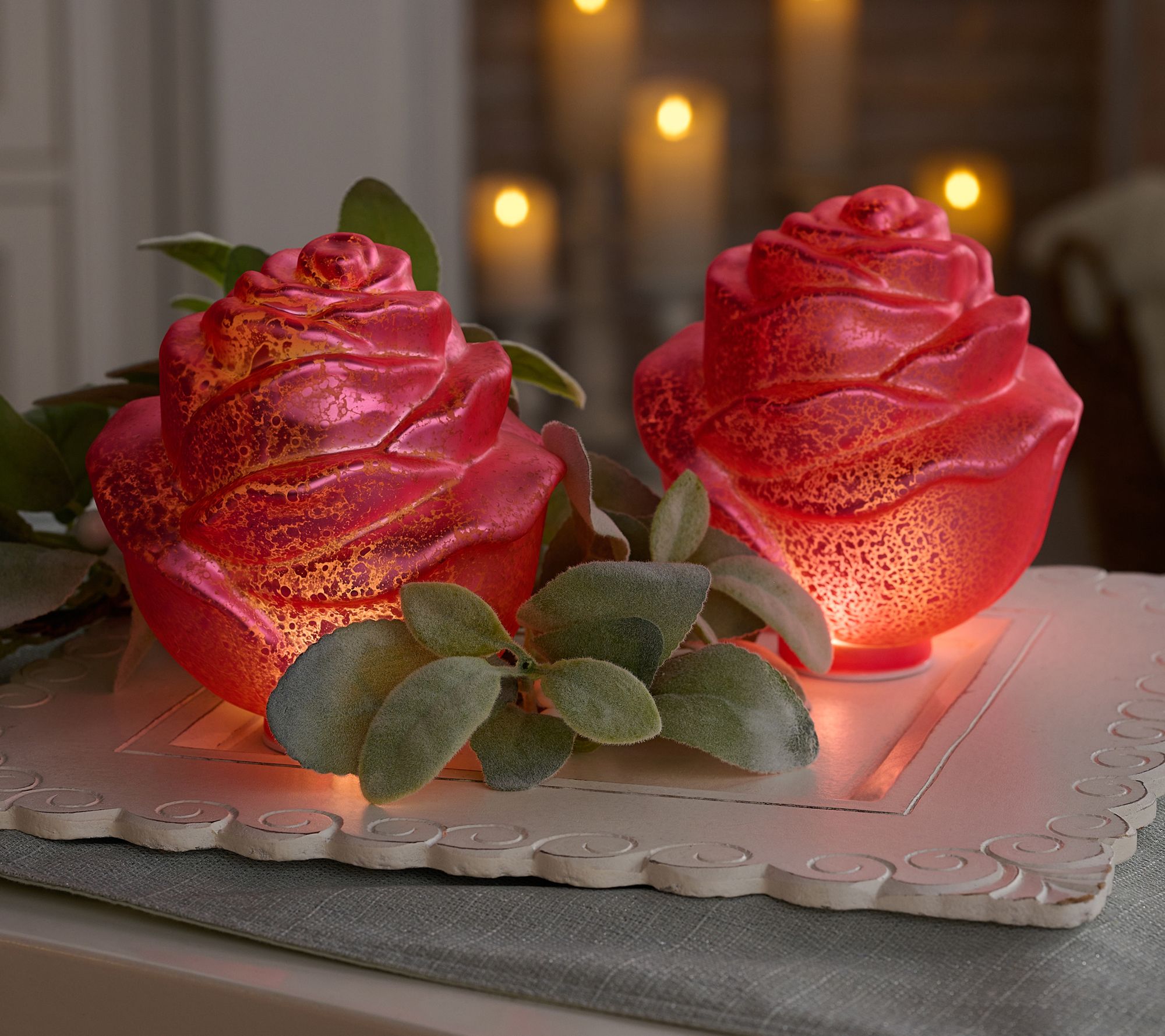 Set of (2) 5.5 Illuminated Mercury Glass Roses by Valerie 