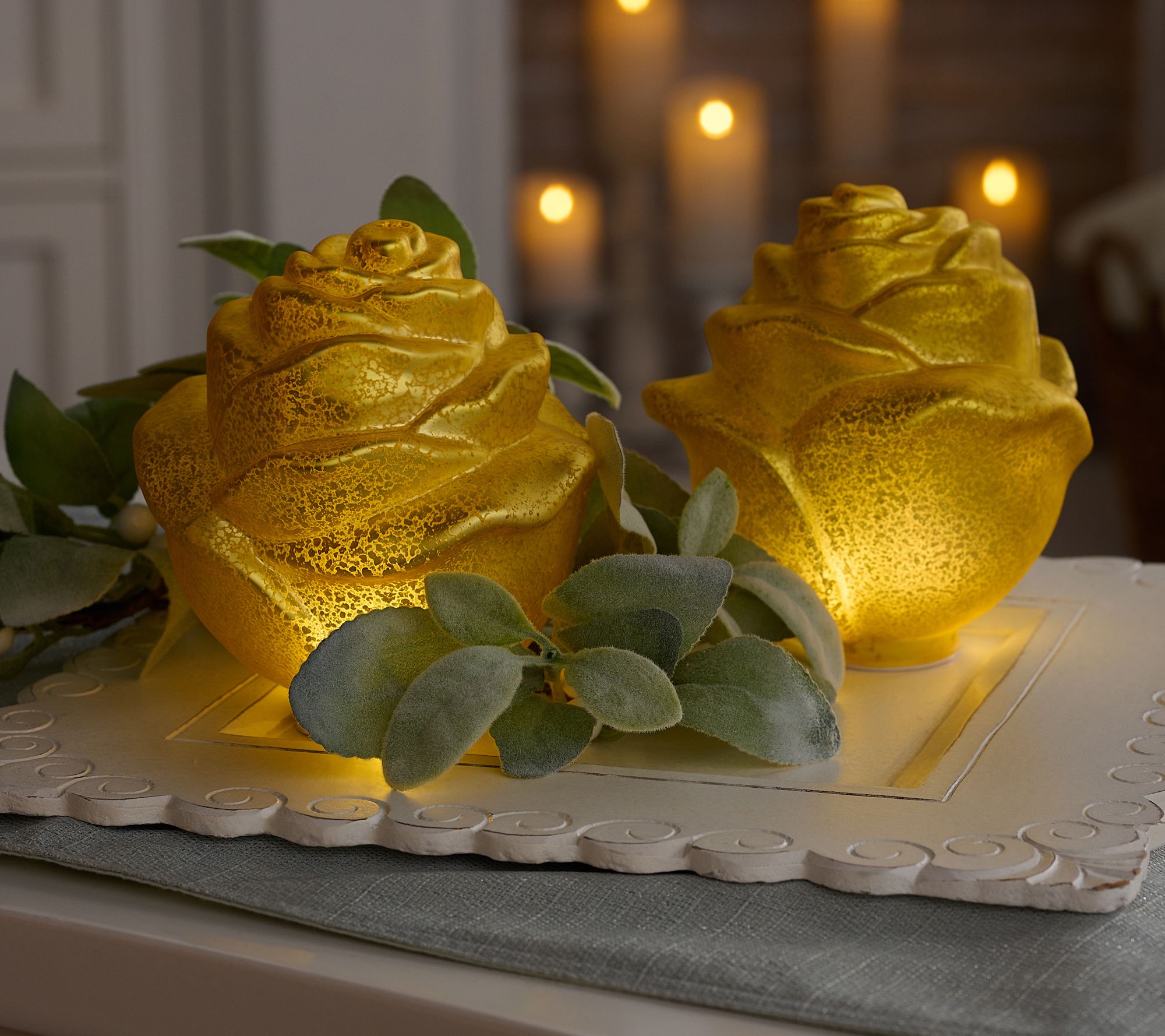 Set of (2) 5.5" Illuminated Mercury Glass Roses by Valerie