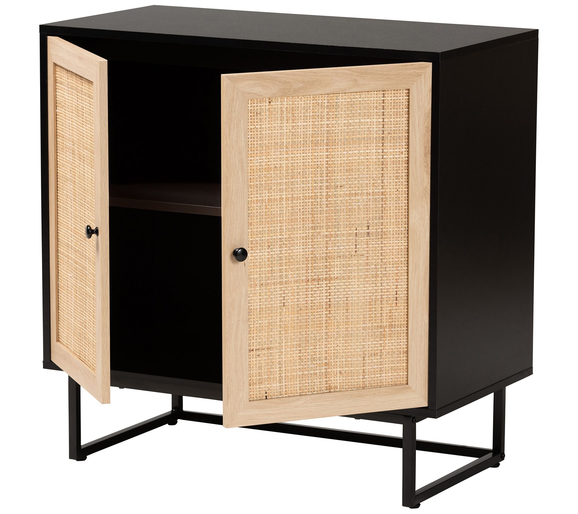 Declan Wood and Natural Rattan 2-Door Storage C abinet