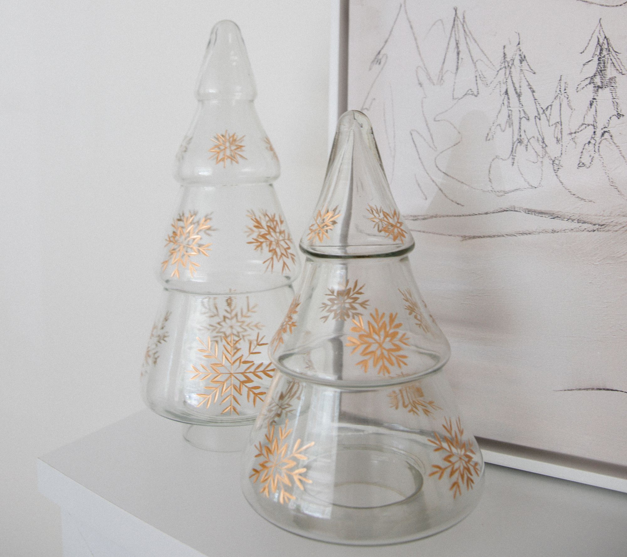Set of 2 Snowflake Etched Glass Trees by Lauren McBride