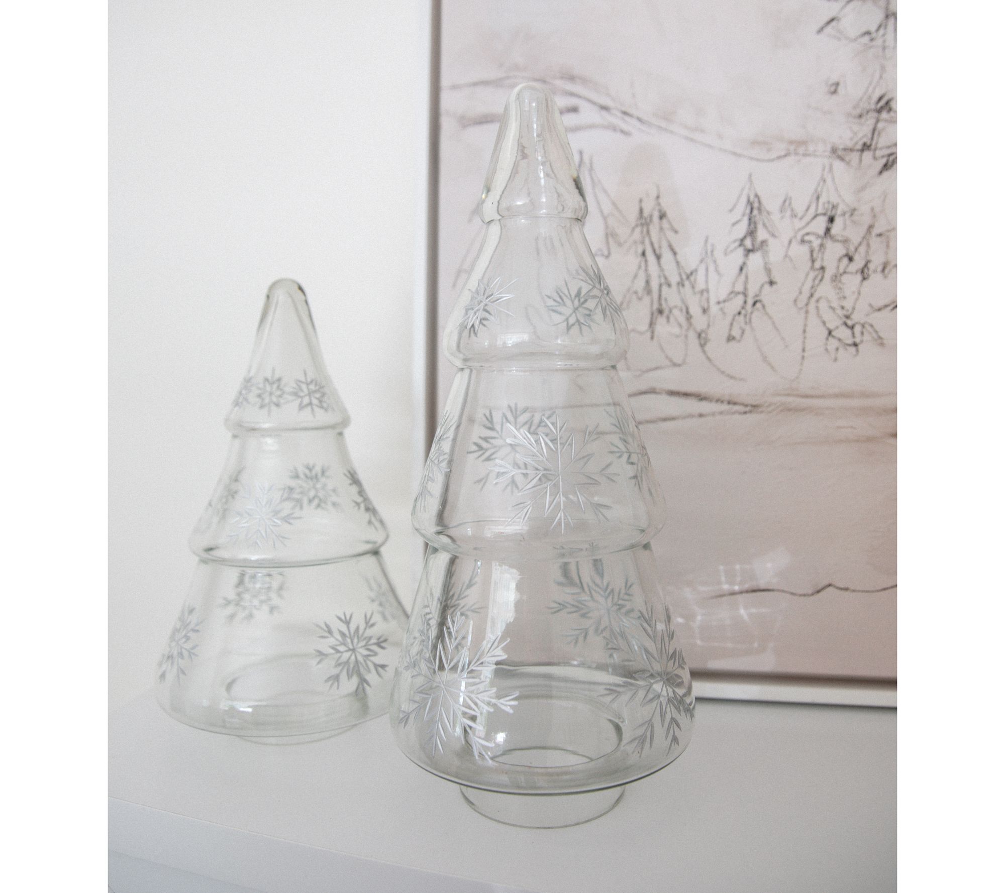 Set of 2 Snowflake Etched Glass Trees by Lauren McBride
