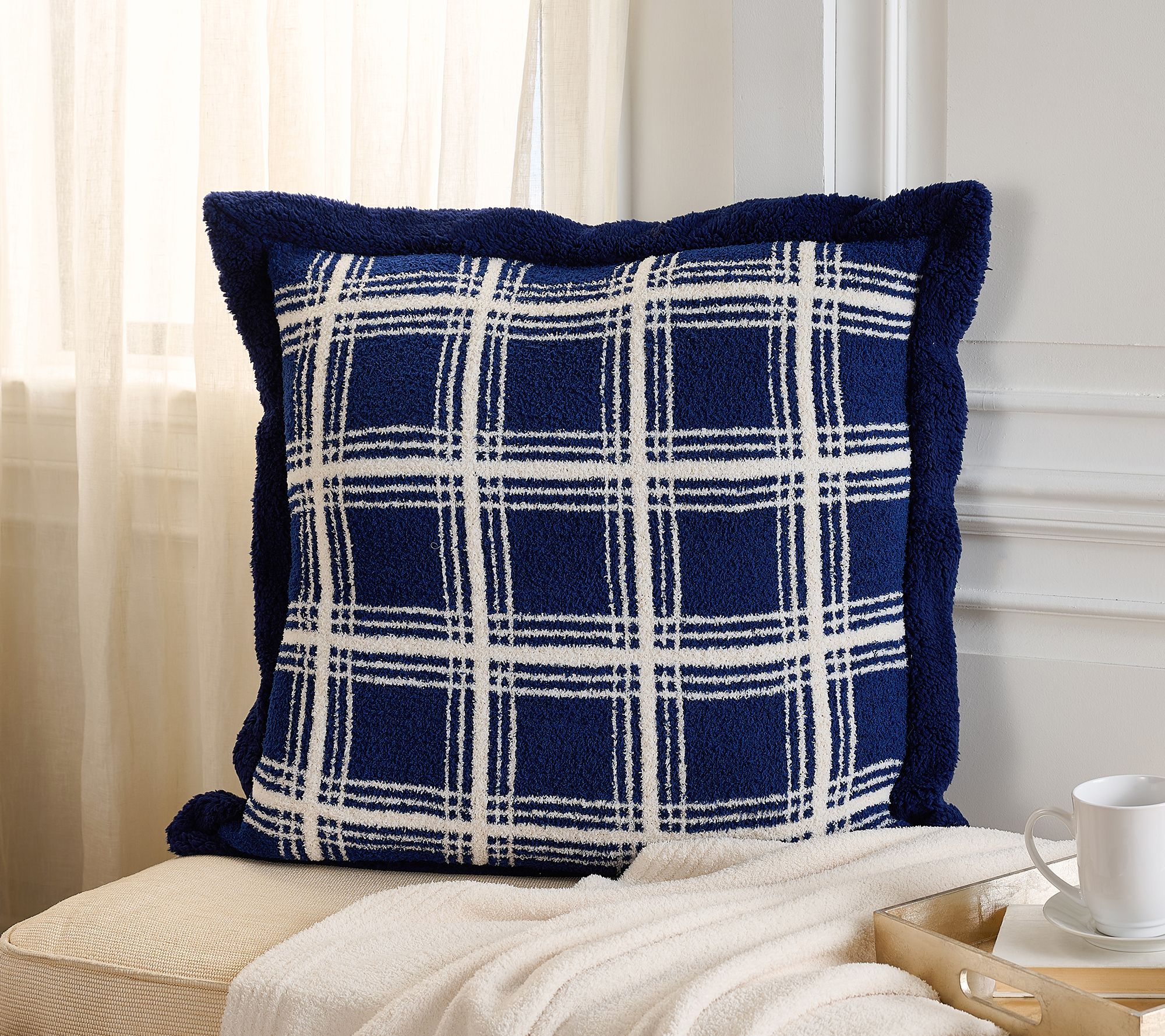 26 x 26 Feather Knit Sherpa Plaid Pillow by Kim Gravel