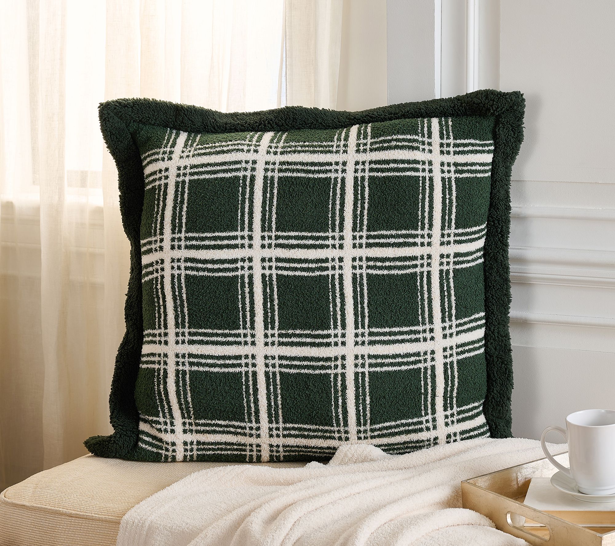 26" x 26" Feather Knit & Sherpa Plaid Pillow by Kim Gravel