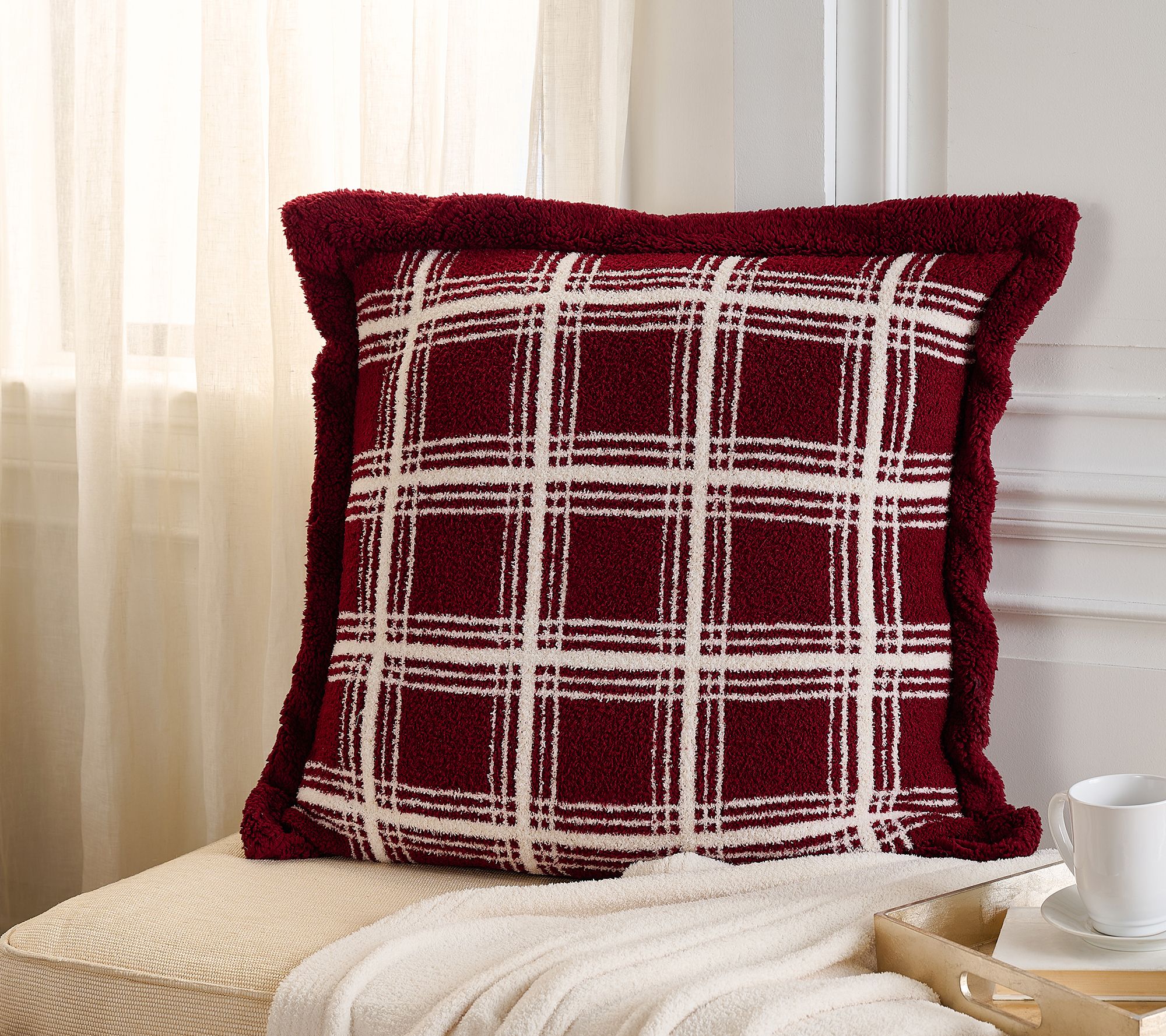 26" x 26" Feather Knit & Sherpa Plaid Pillow by Kim Gravel