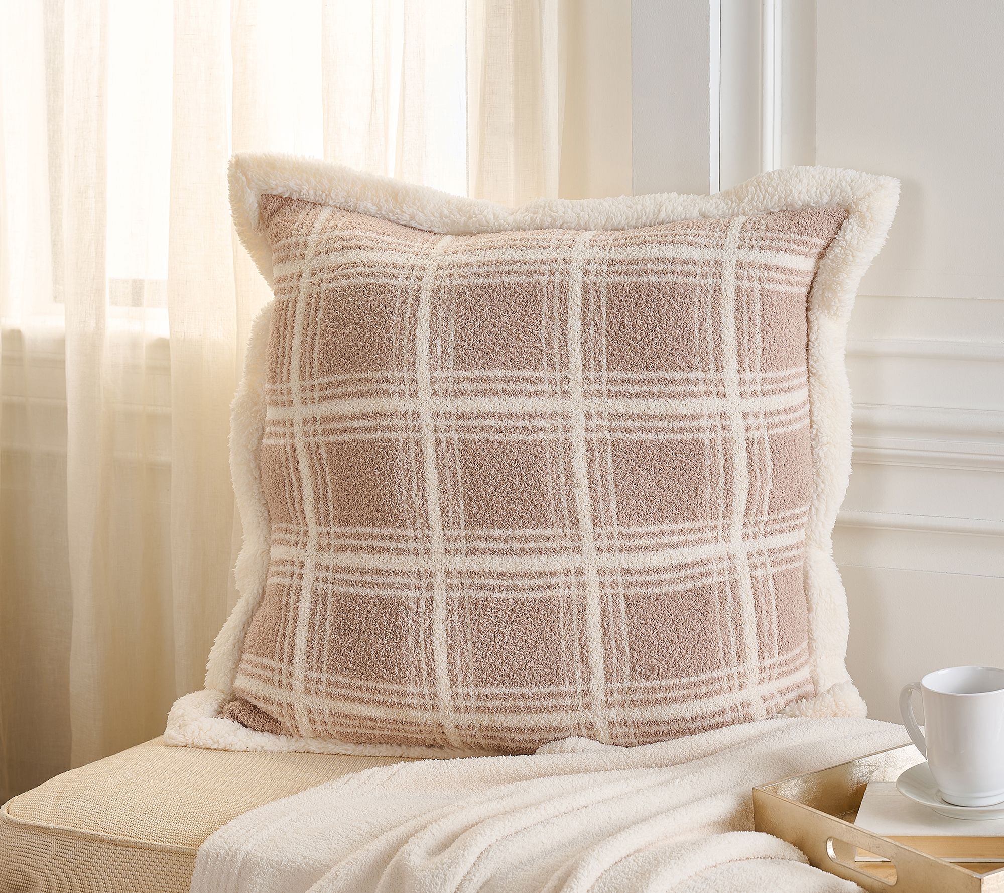 26" x 26" Feather Knit & Sherpa Plaid Pillow by Kim Gravel