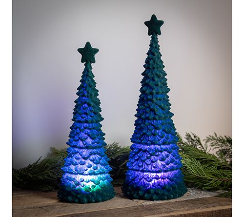 Evergreen Set of 2 Lighted Flocked Tree with Star Table Decor
