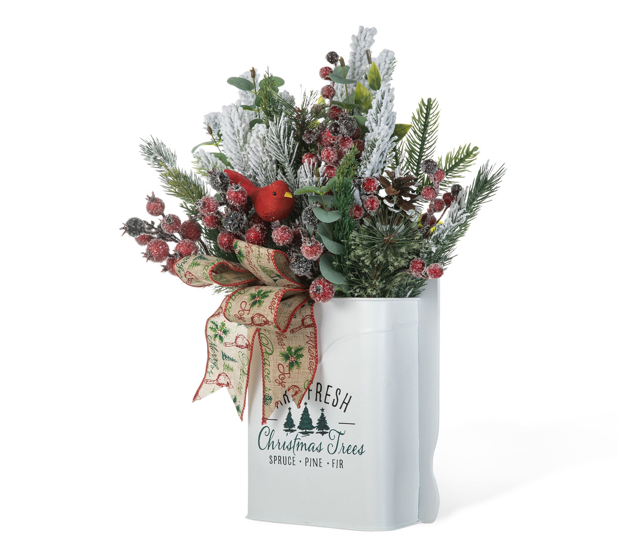 Glitzhome 21" Christmas Pine Needle & Berry Ribbon Centerpiece