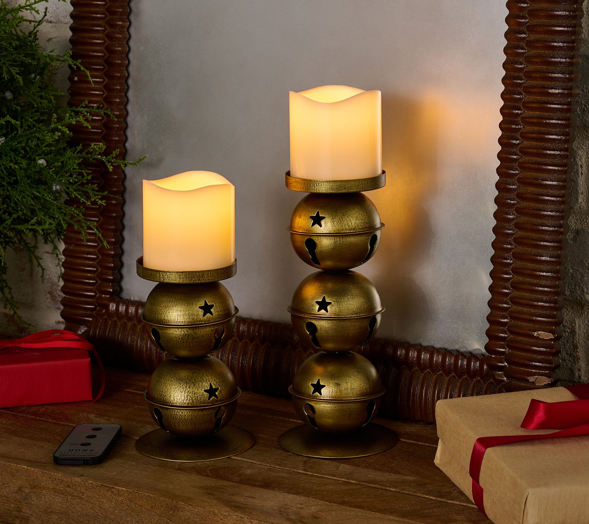 Home Reflections S/2 Jingle Bell Pillar Holders with Flameless