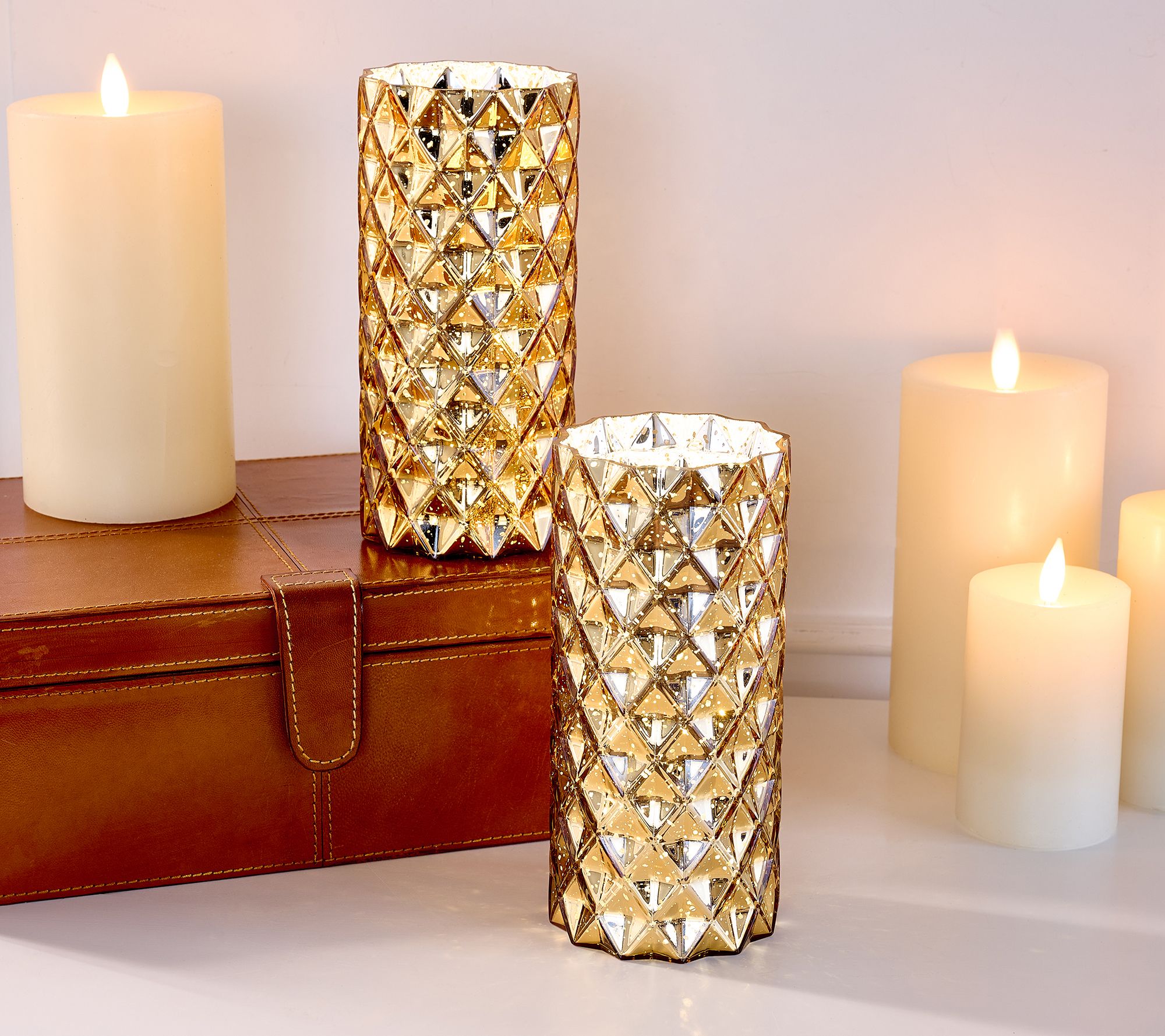 "As Is" Set of 2 Diamond Glass Illuminated Hurricanes by Valerie