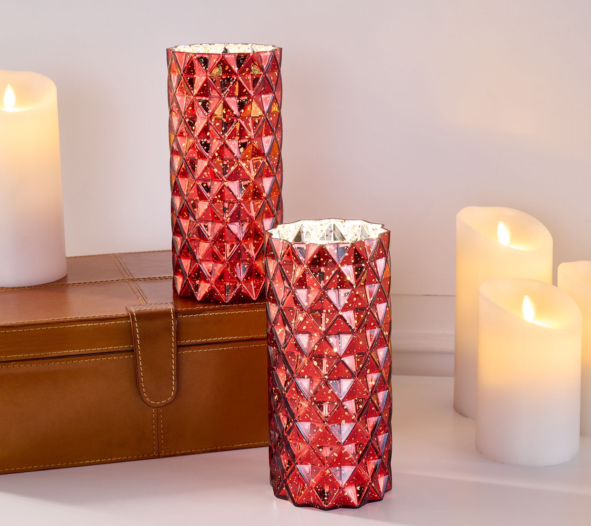 "As Is" Set of 2 Diamond Glass Illuminated Hurricanes by Valerie