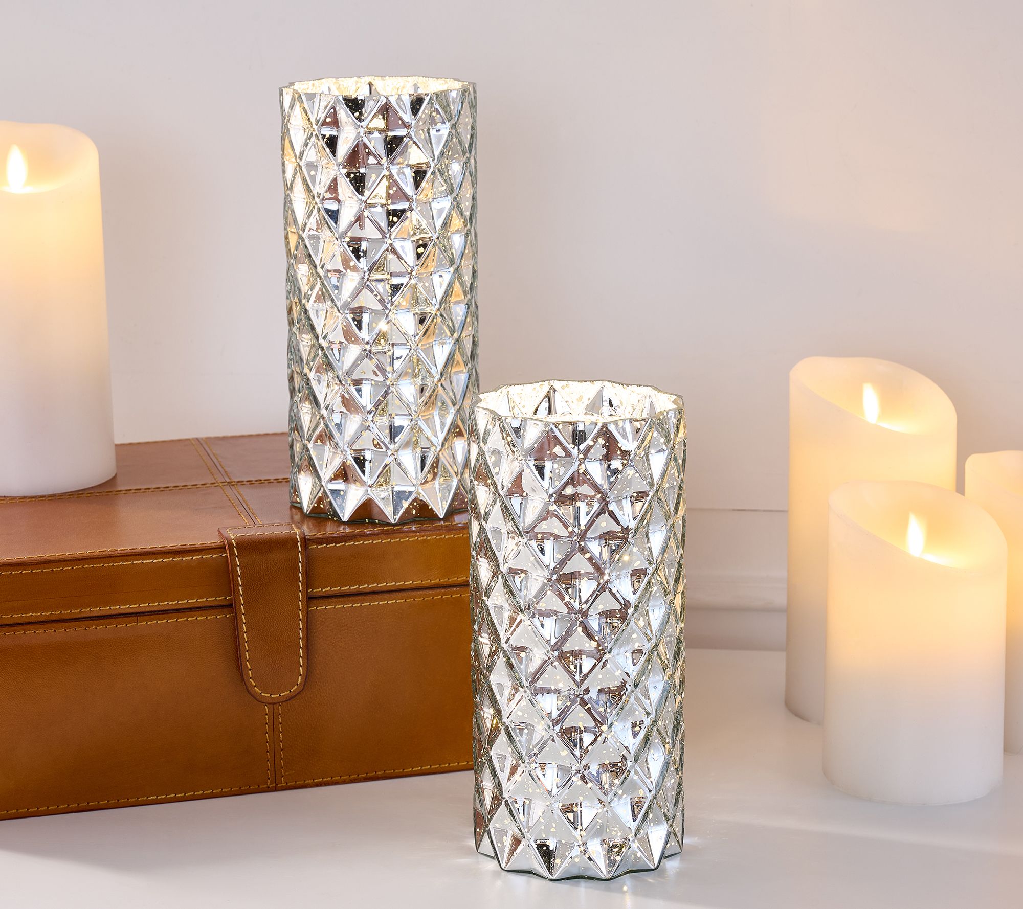 "As Is" Set of 2 Diamond Glass Illuminated Hurricanes by Valerie