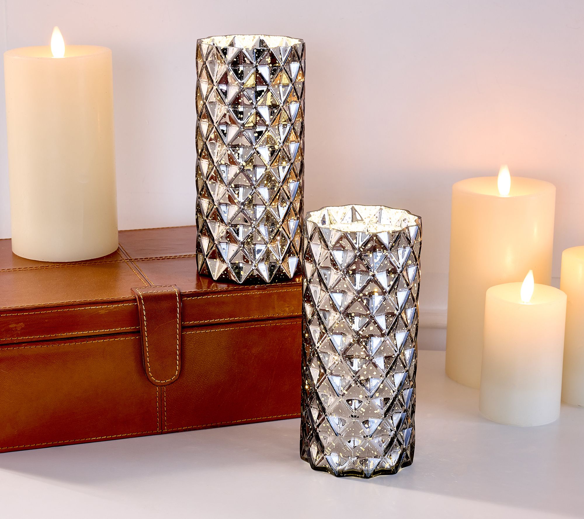 "As Is" Set of 2 Diamond Glass Illuminated Hurricanes by Valerie