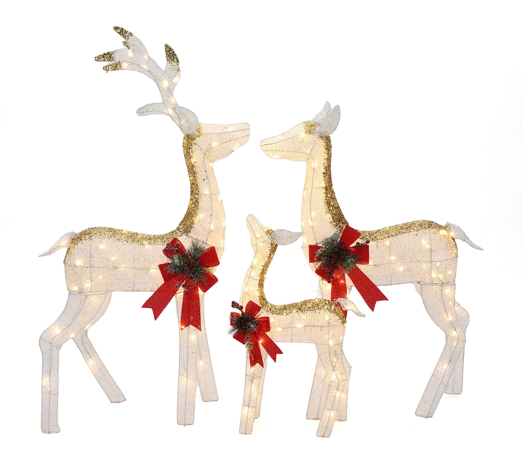 LuxenHome Lighted White & Gold Glitter Deer SetXmas Decor