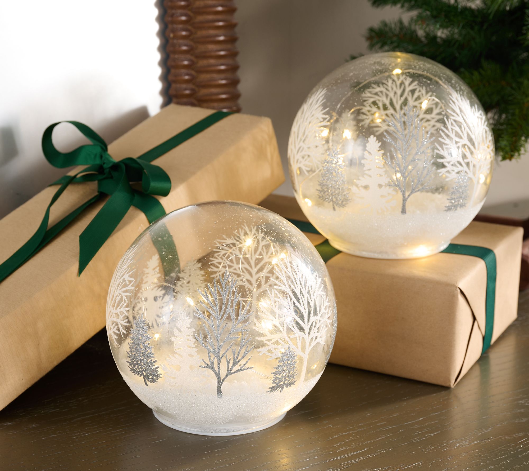 "As Is" Set of 2 (6") Illuminated Winter Forest Spheres