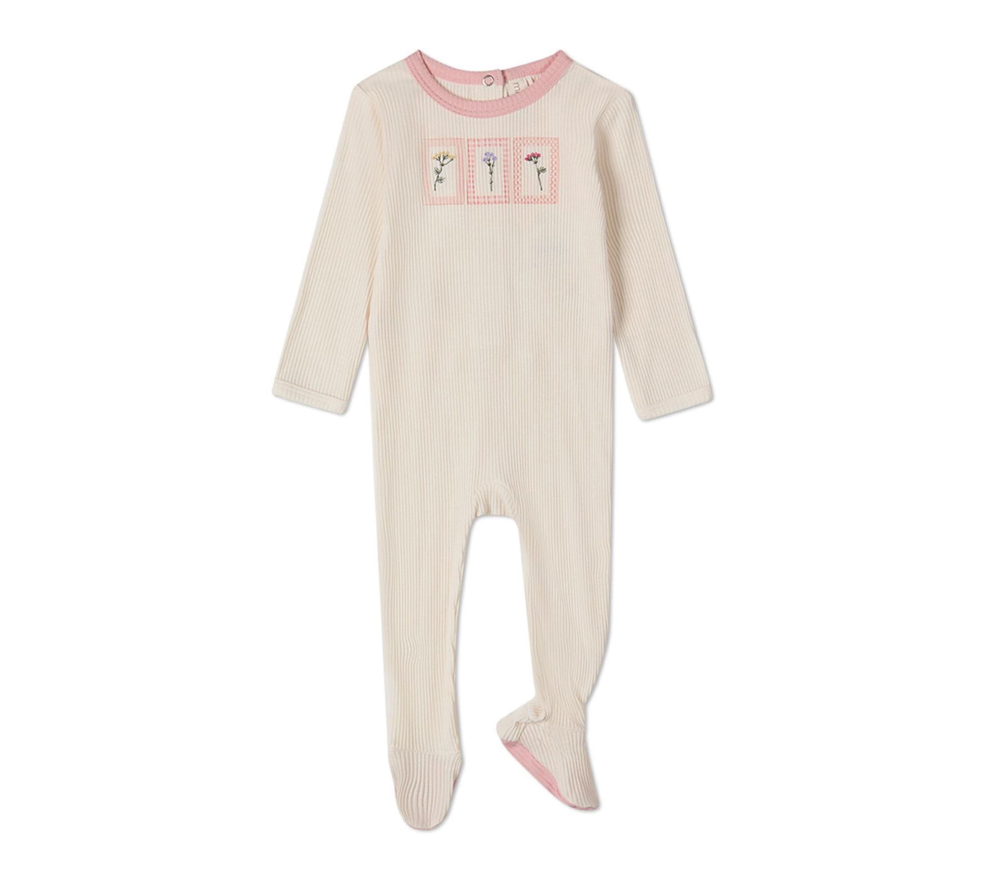 MiniMoi Baby Girls Framed Florals Ribbed Embroidered Footie