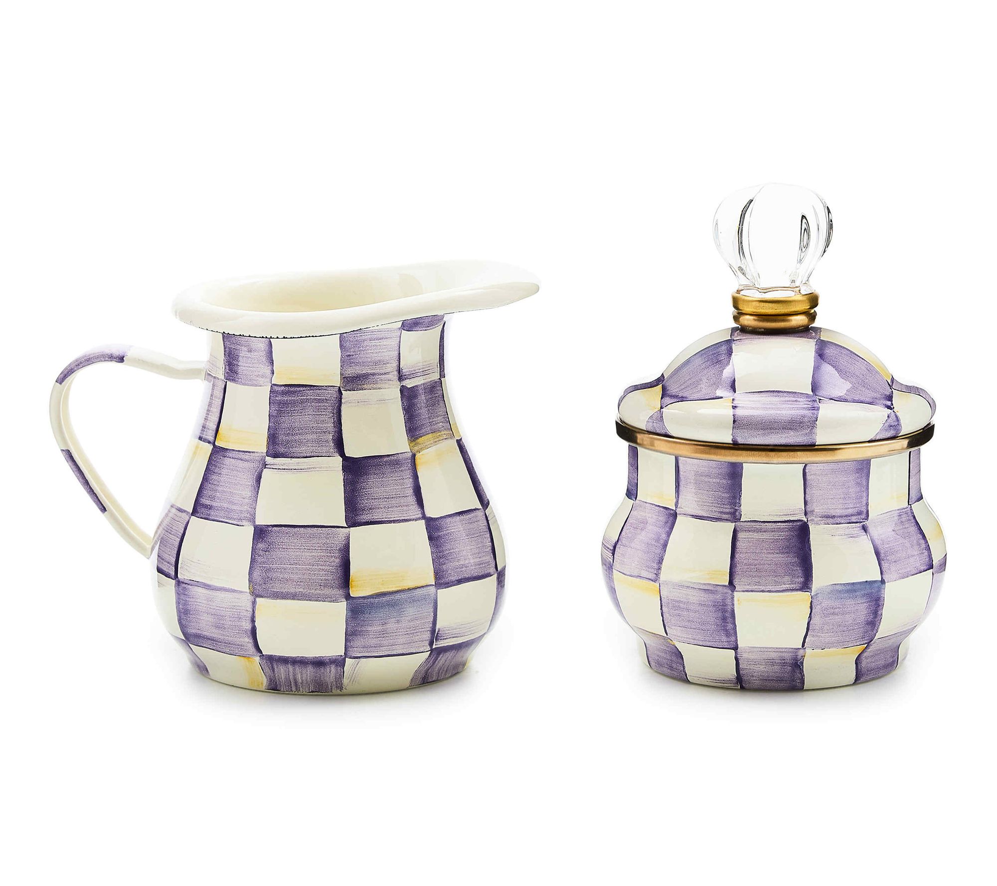 MacKenzie- Childs Violet Check Enamel Creamer & Sugar Set