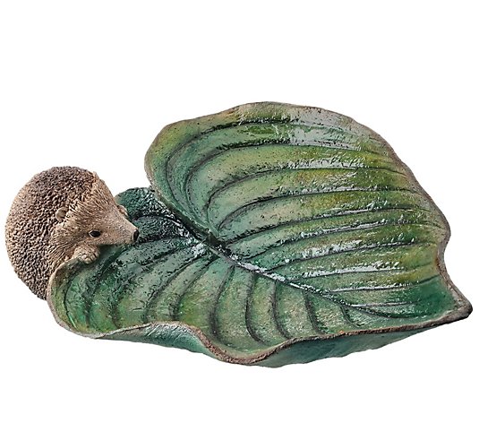 Resin Hedgehog On Leaf Birdbath 13"L by Valerie