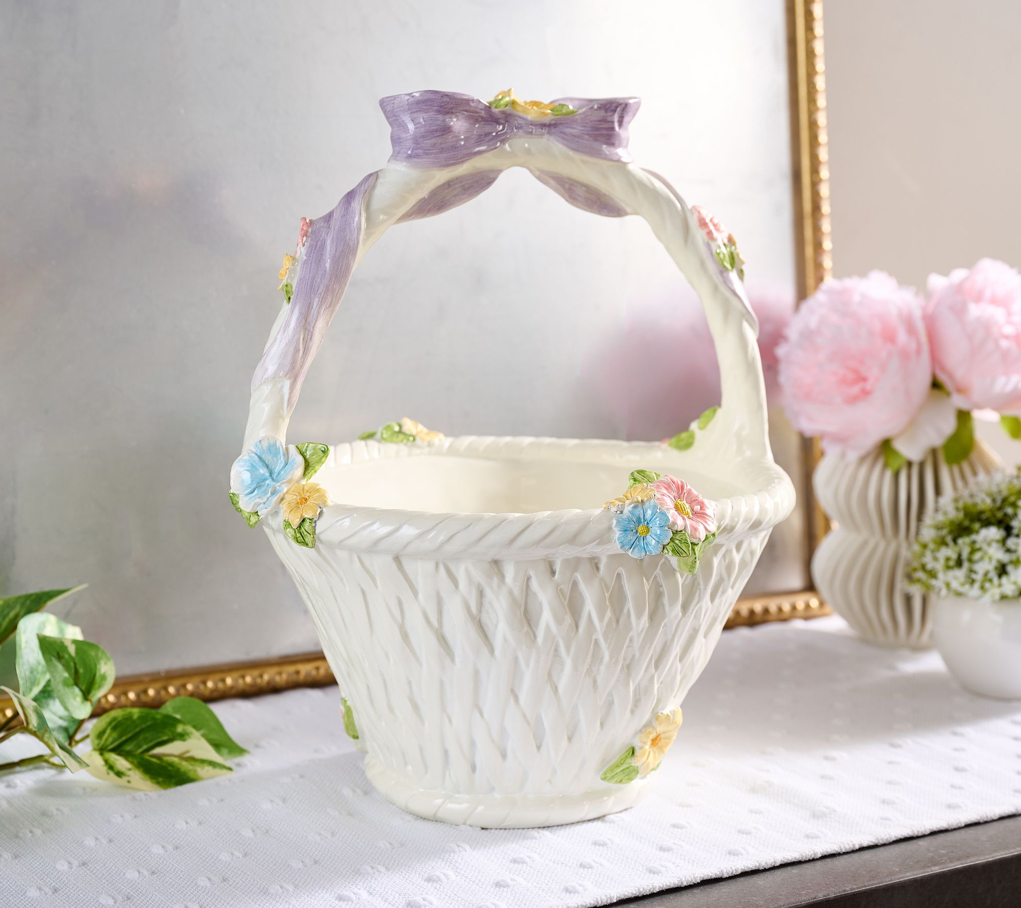Basket with Handle and Bow with Floral Accents by Valerie Basket with Handle and Bow with Floral Accents by Valerie