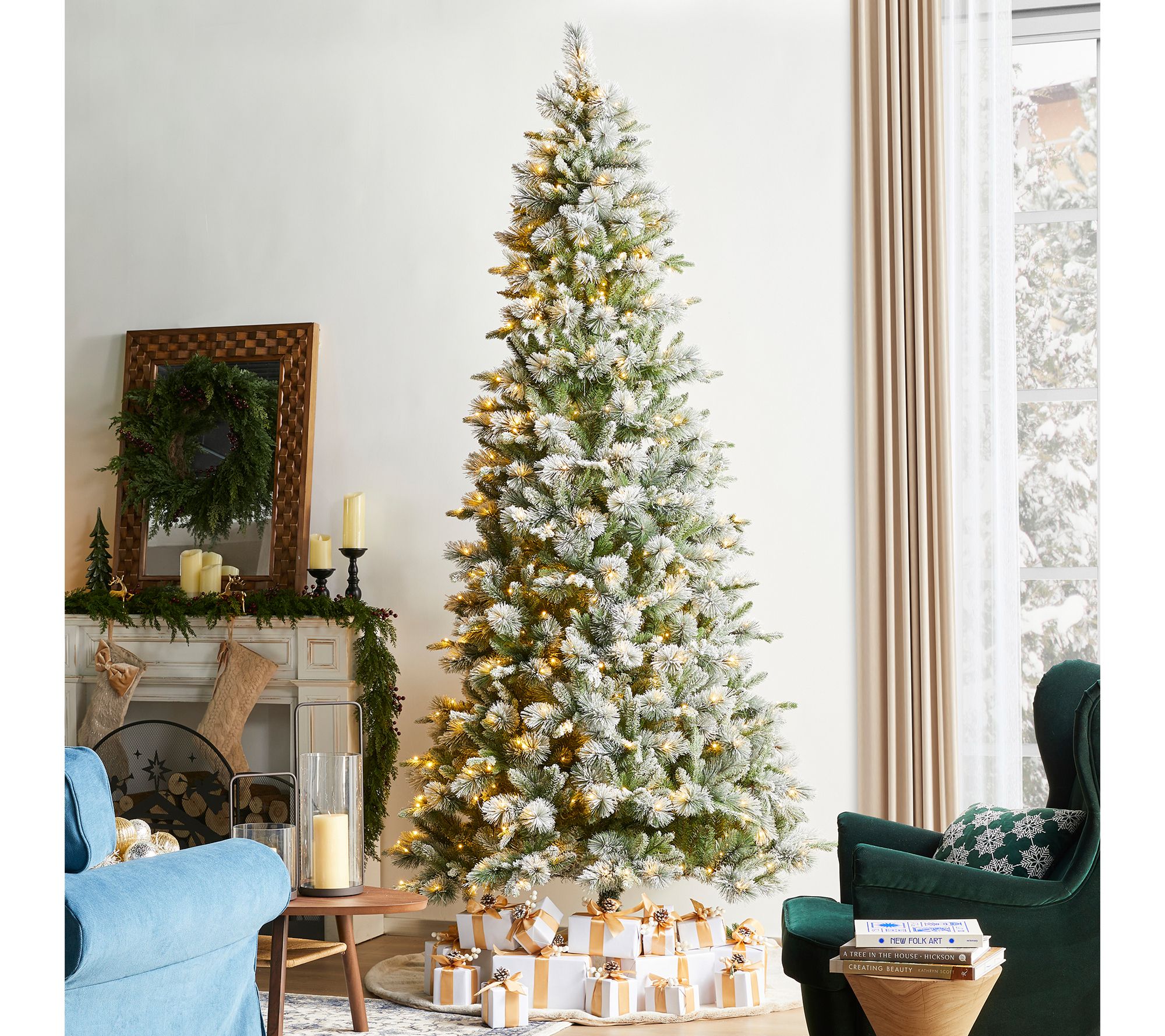 Glitzhome 9' LED Pre-Lit Flocked Slim Pine FauxChristmas Tree