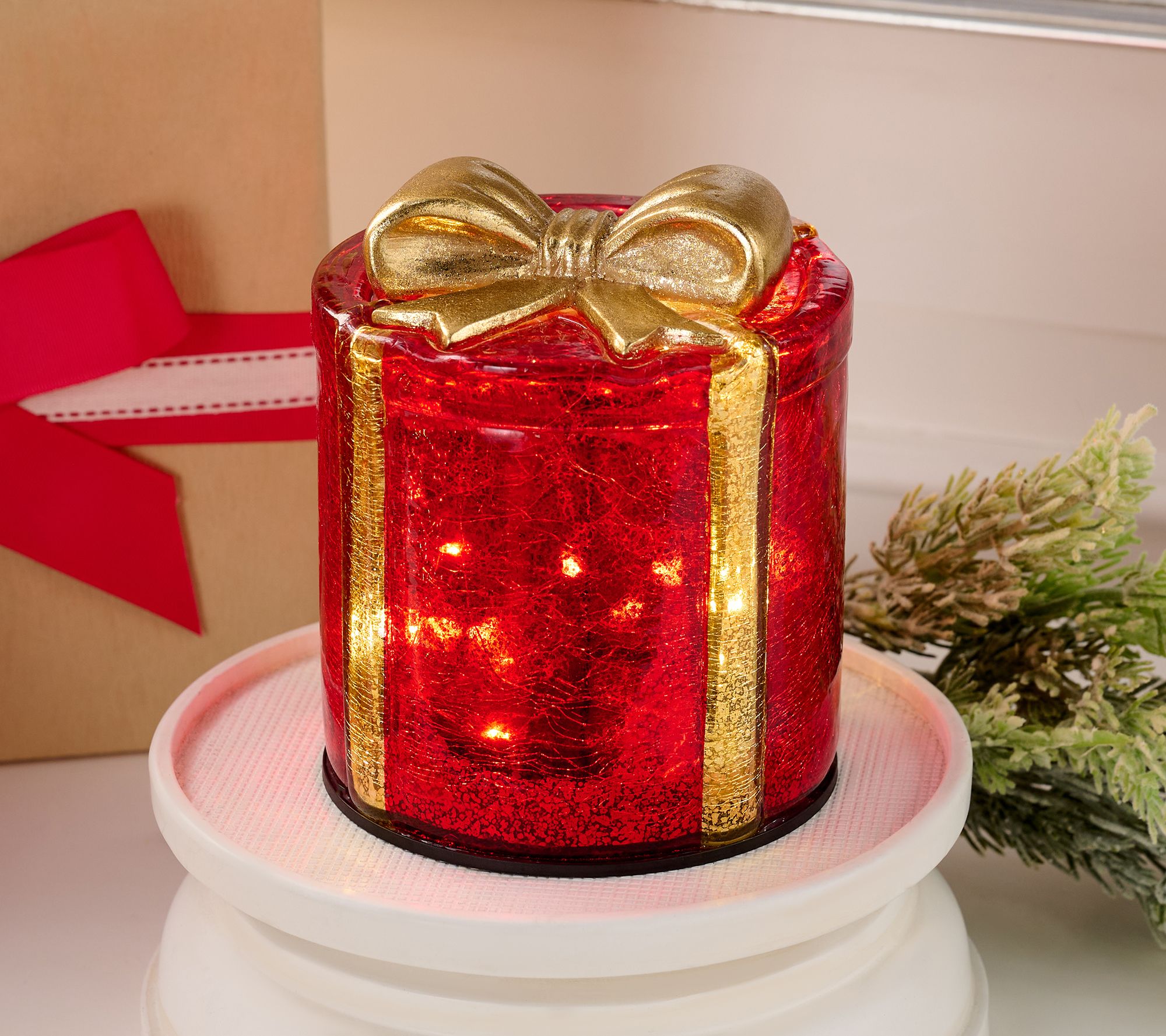 "As Is" Illuminated Mercury Glass Gift Box with Bow by Valerie