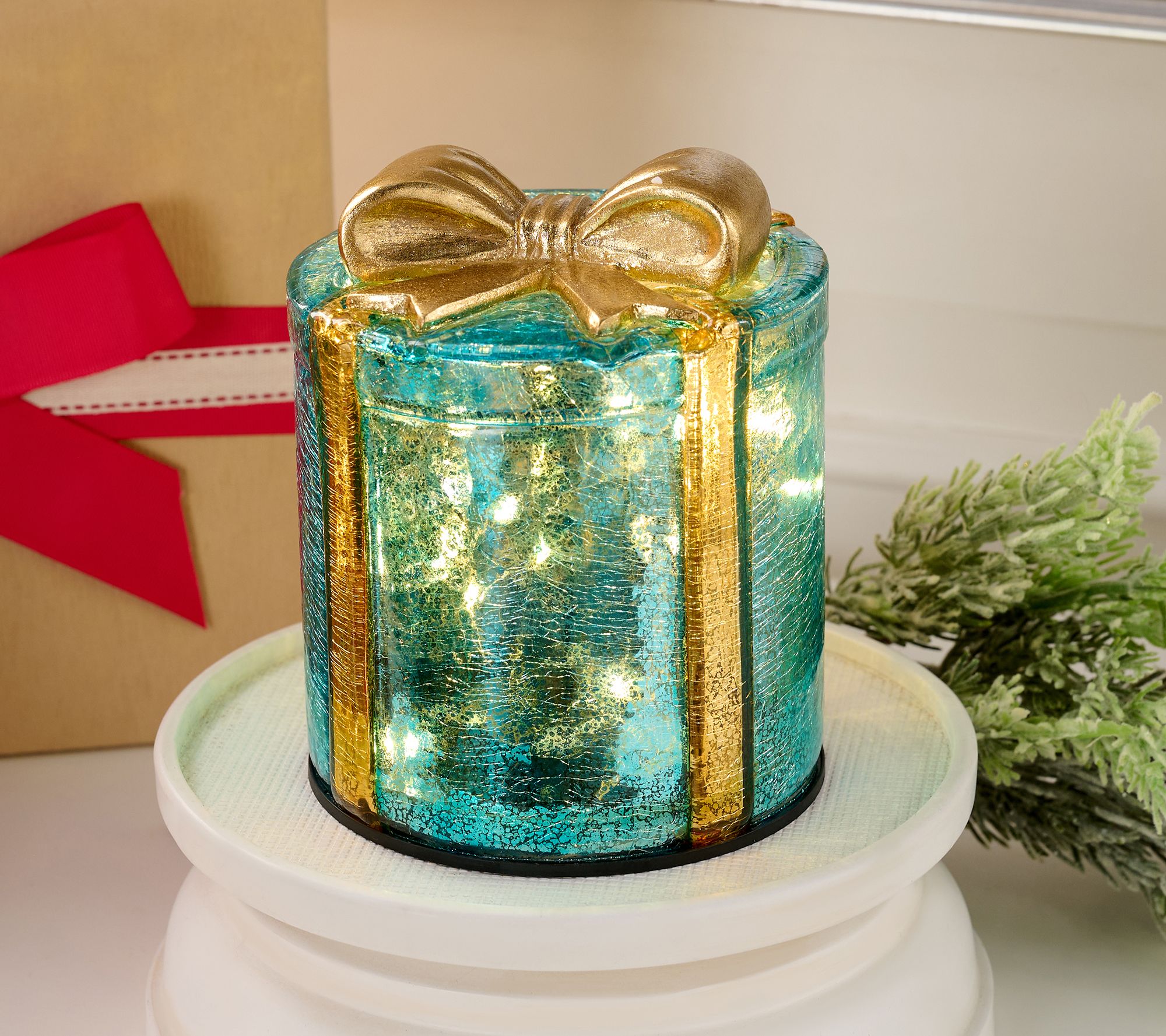 "As Is" Illuminated Mercury Glass Gift Box with Bow by Valerie