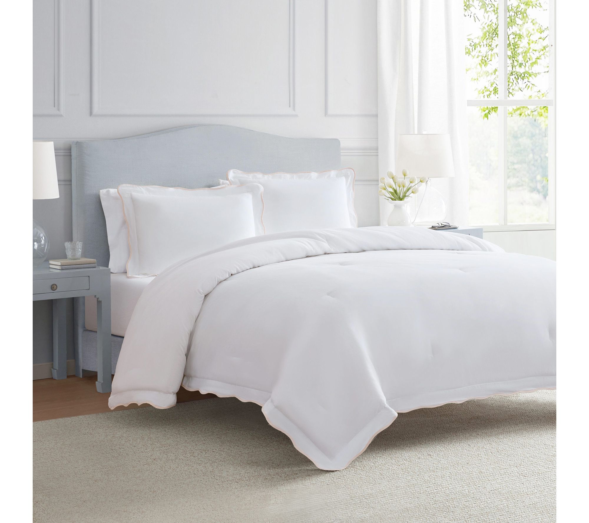 Martha Stewart Simple Scallop Pink Cotton QueenDuvet Set