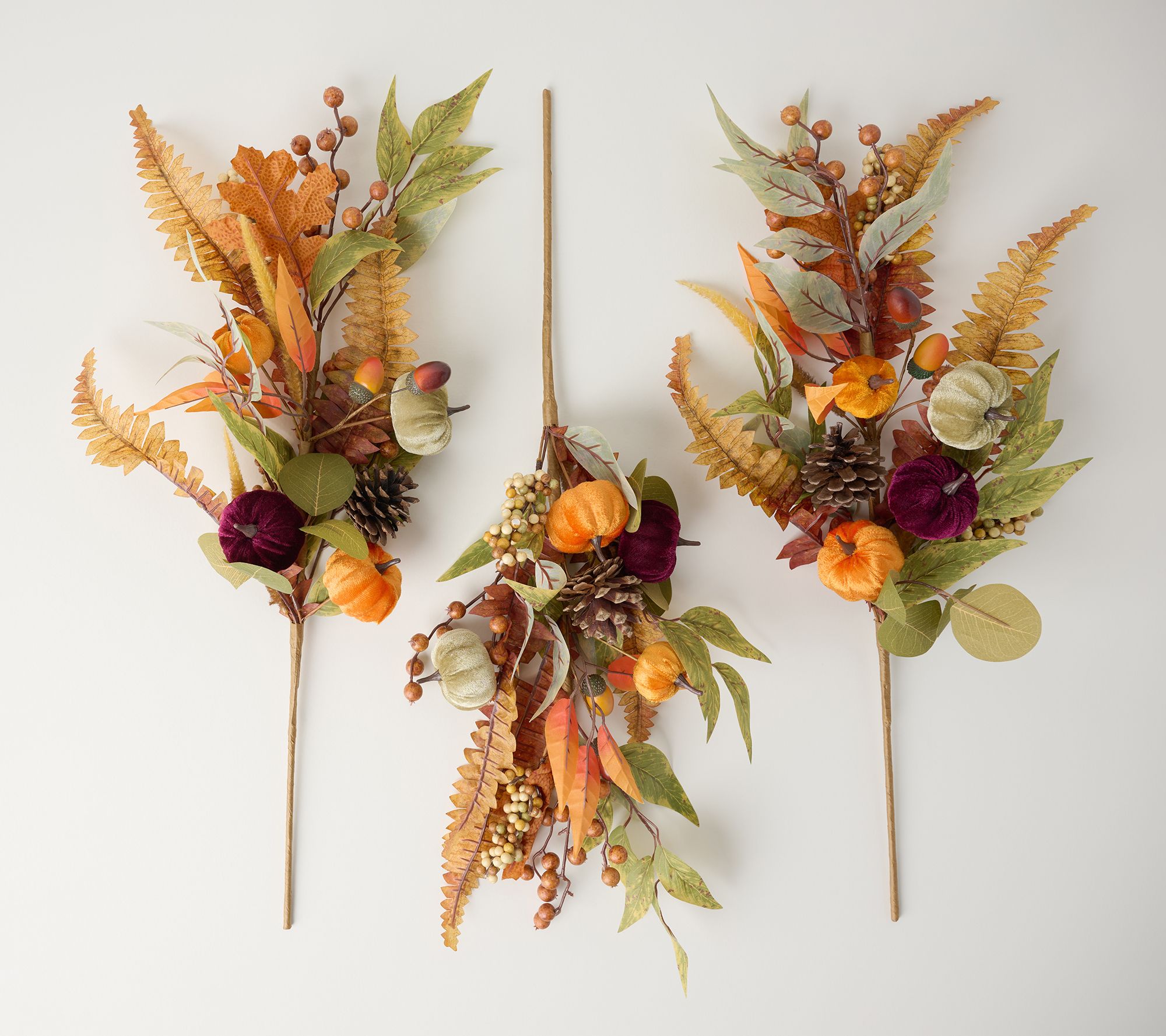 Set of 3 Velvet Pumpkin and Leaf Stems by Valerie