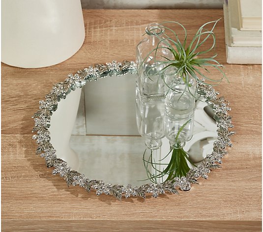 12" Mirrored Tray with Floral Jeweled Trim by Valerie