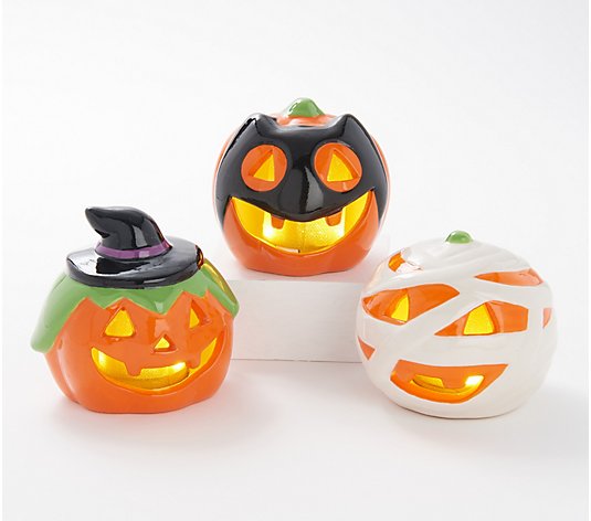 Mr. Halloween Set of (3) Illuminated Ceramic Costume Pumpkins - QVC.com