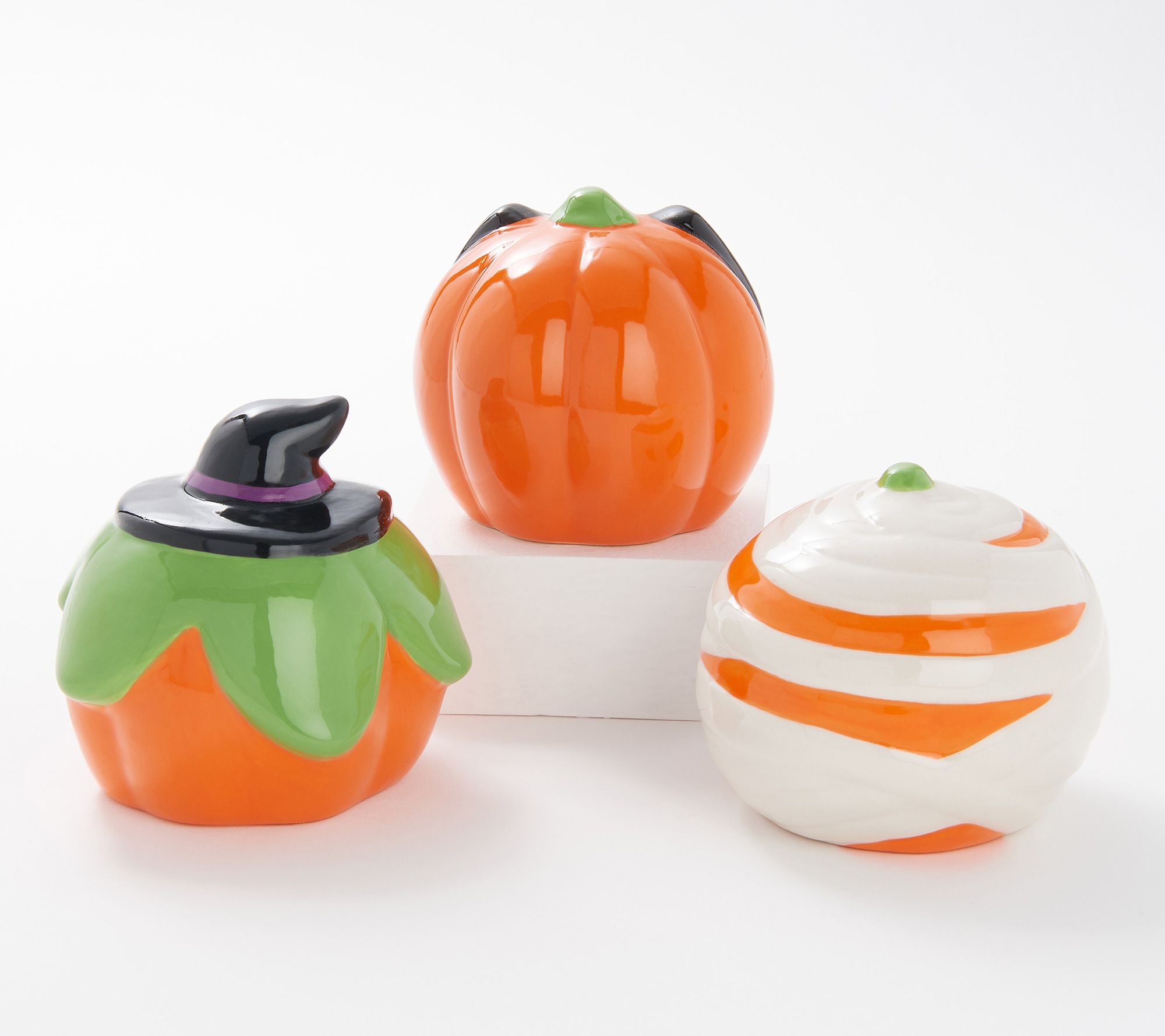 Mr. Halloween Set of (3) Illuminated Ceramic Costume Pumpkins