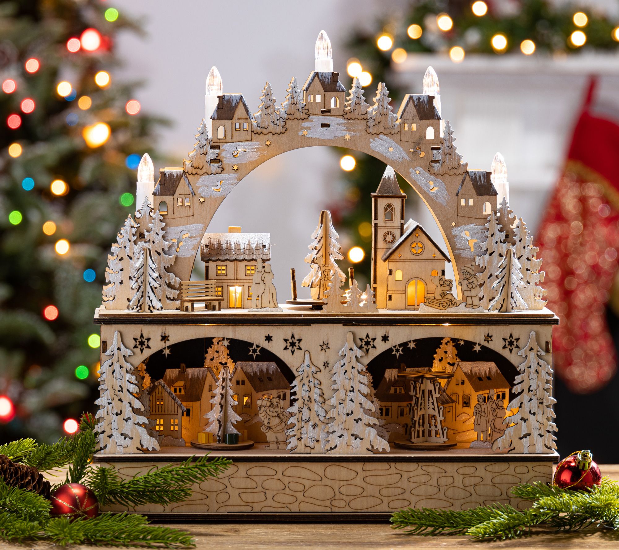 14.75in Lighted Laser Cut Wood Village Scene by Gerson Co